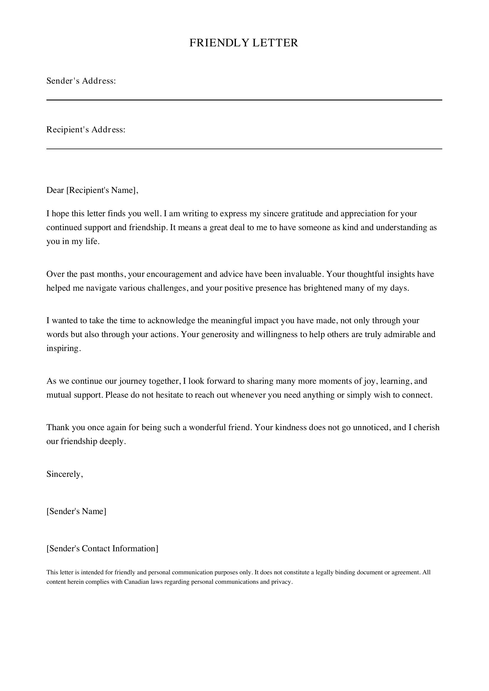 Friendly Letter Template - Canada