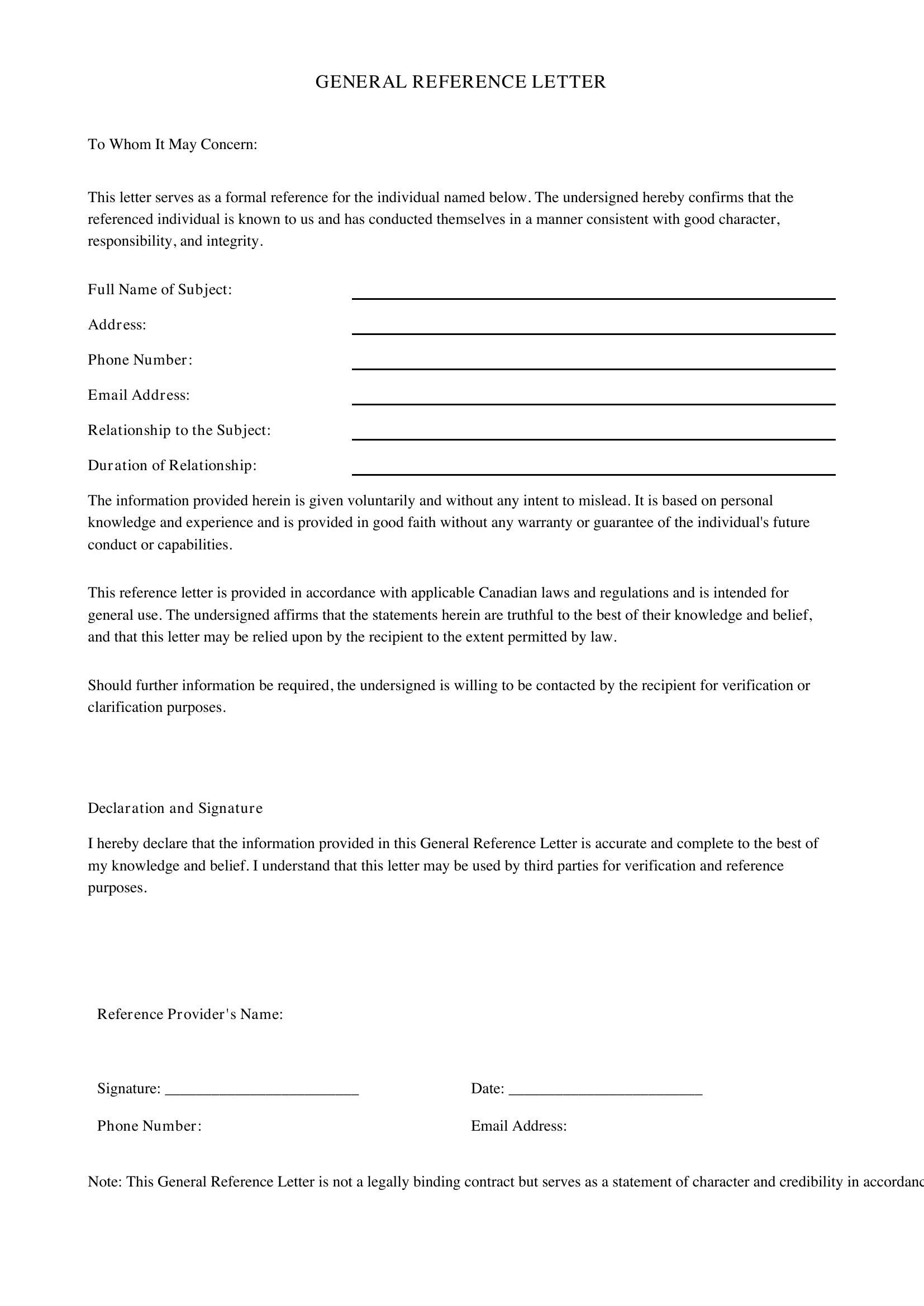 General Reference Letter Template - Canada