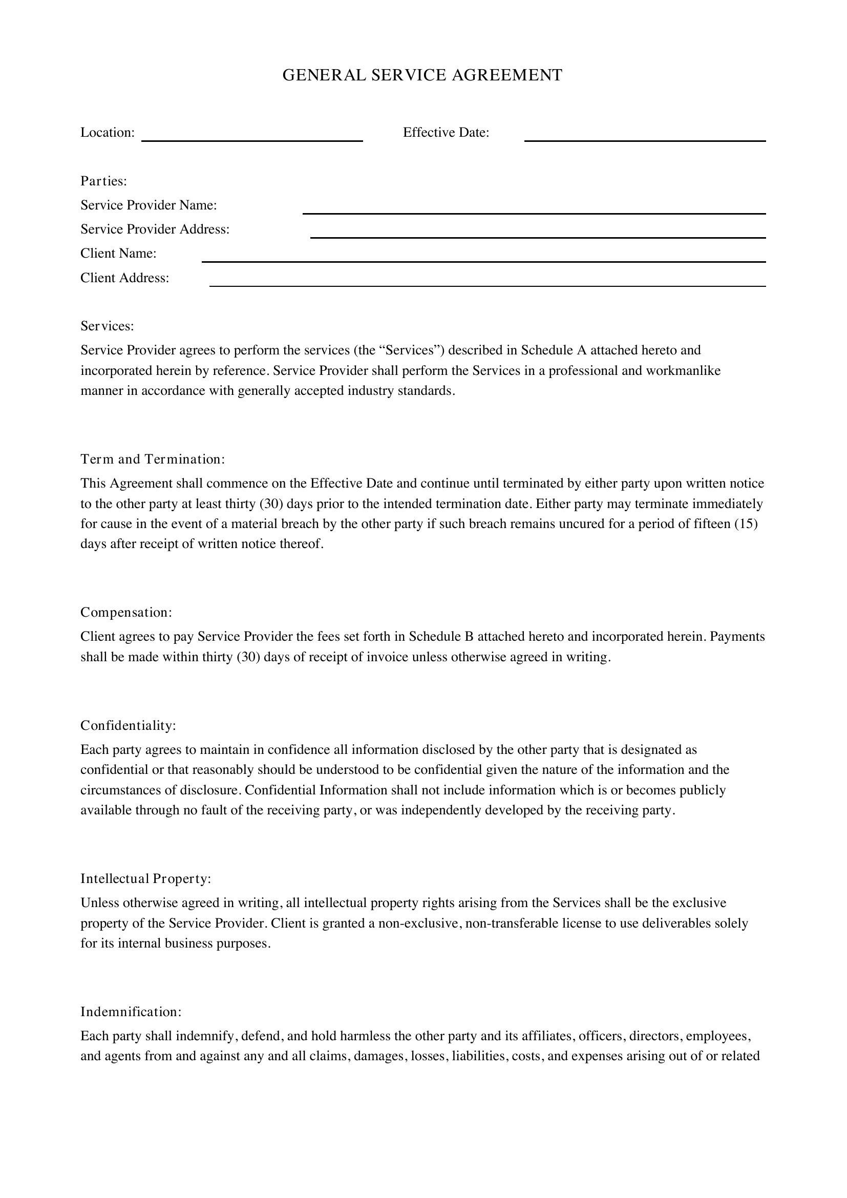 General Service Agreement Template - Canada