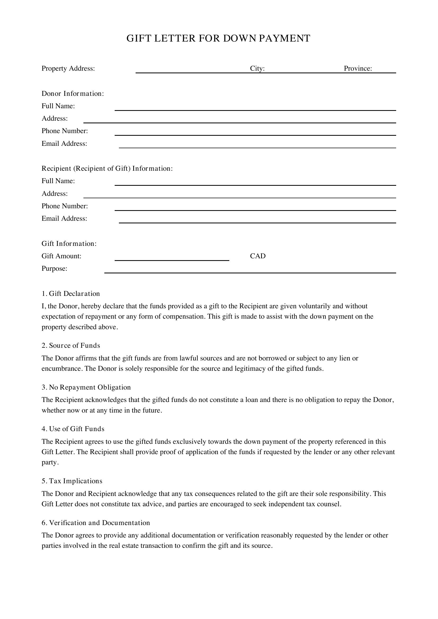Gift Letter For Down Payment Template - Canada