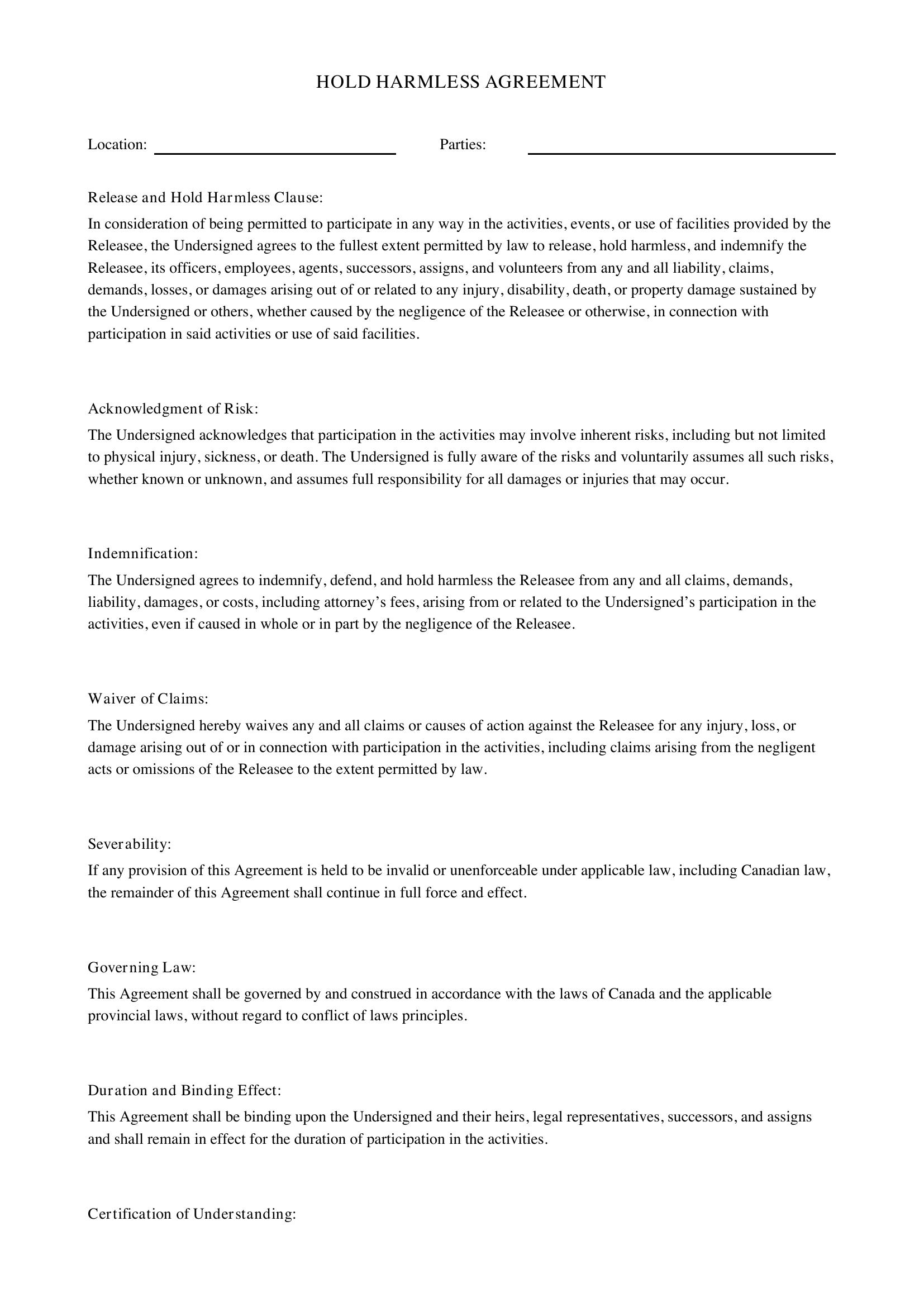 Hold Harmless Agreement Template - Canada