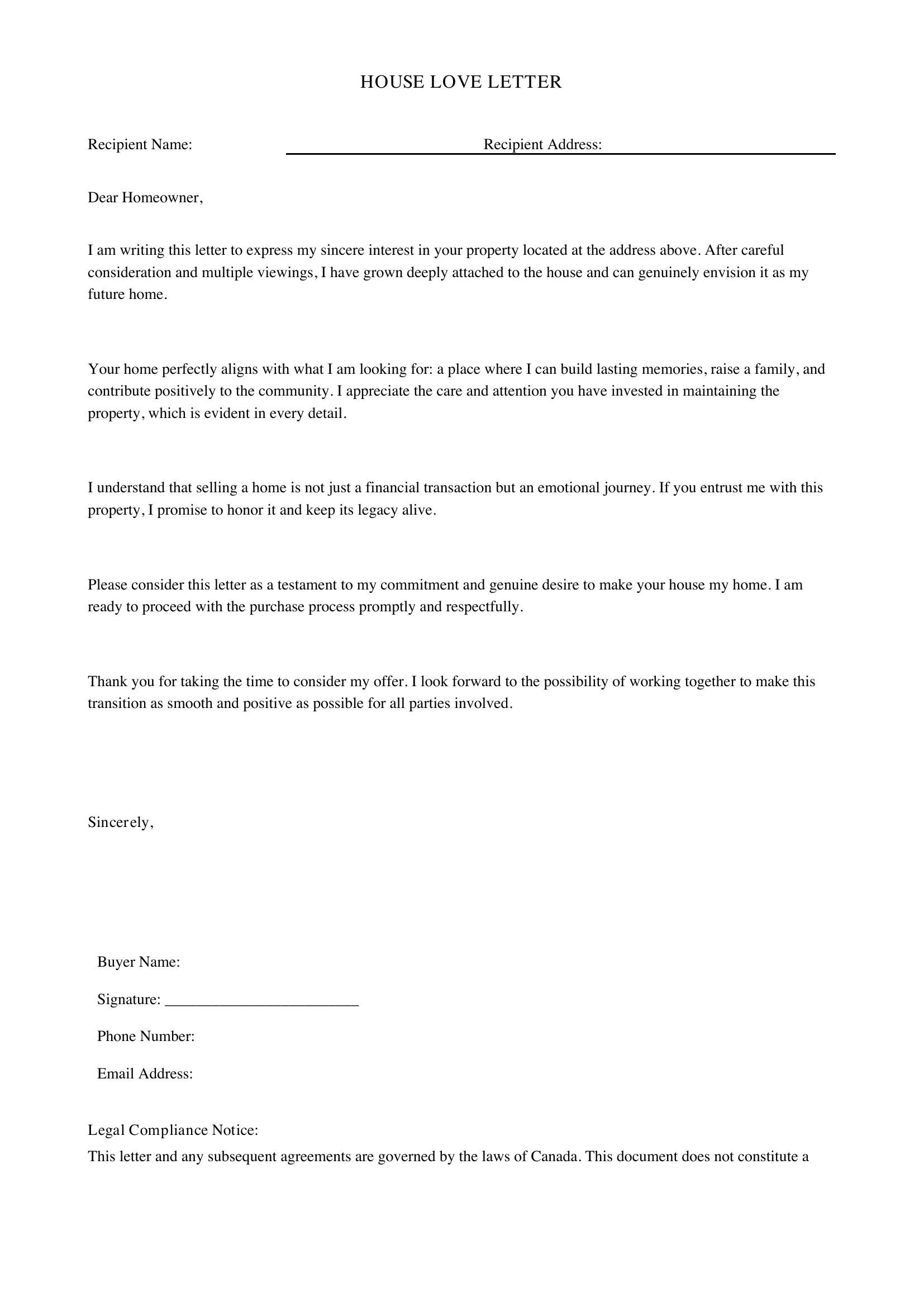 House Love Letter Template - Canada