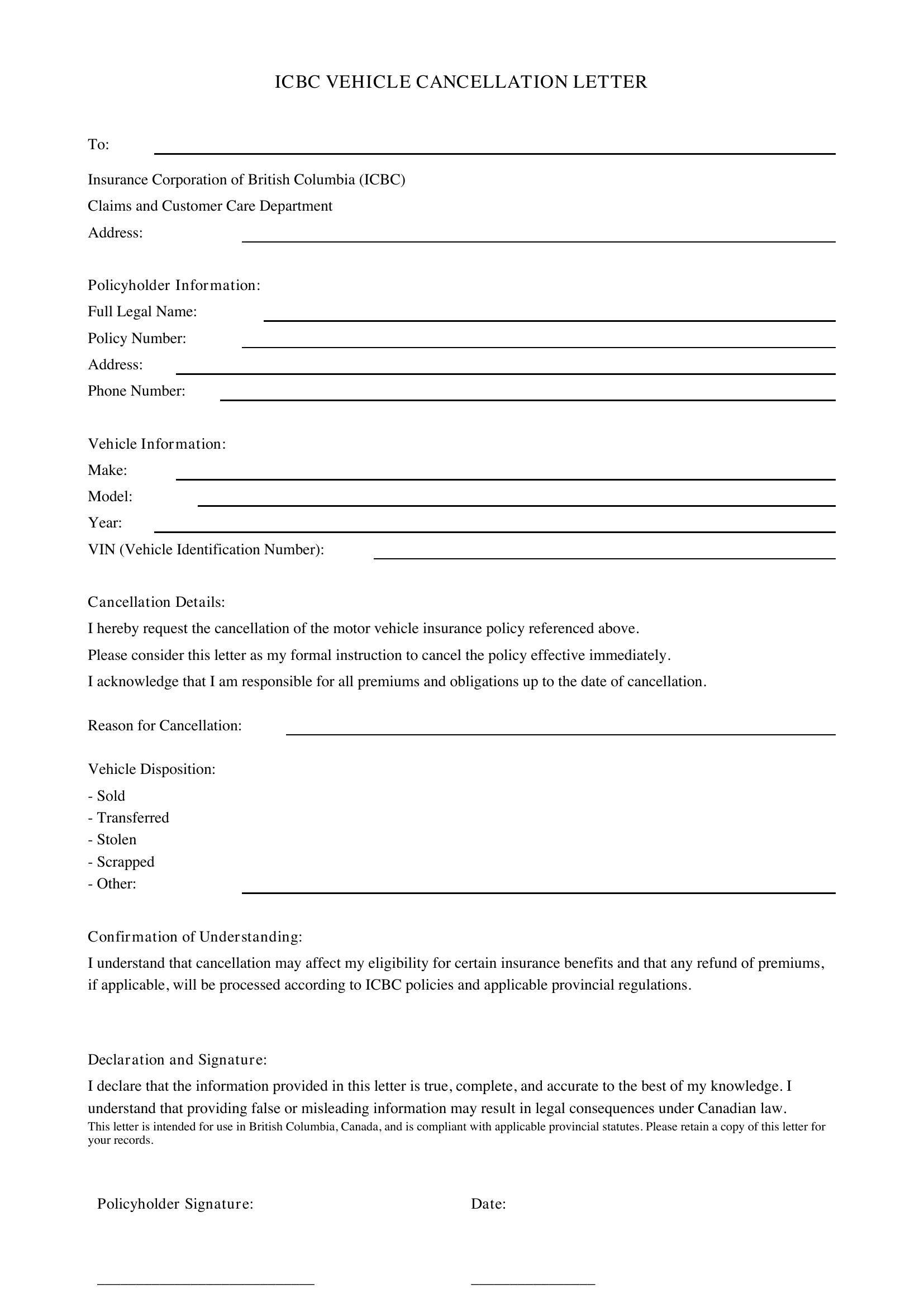 Icbc Cancellation Letter Template - Canada