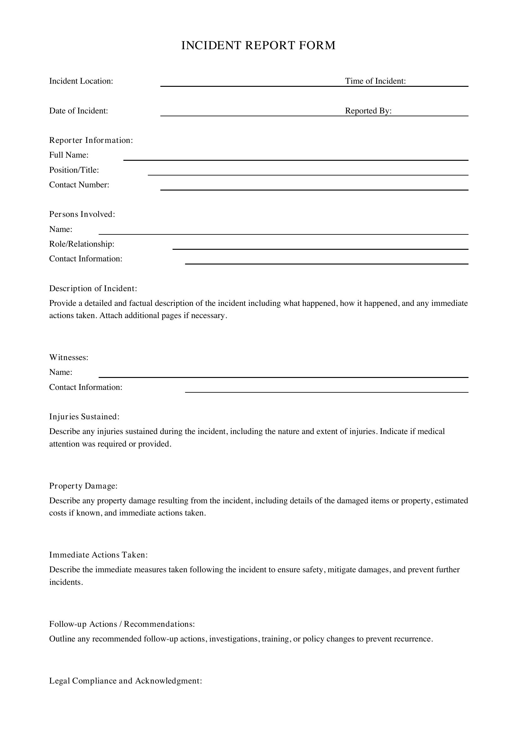 Incident Report Form Template - Canada