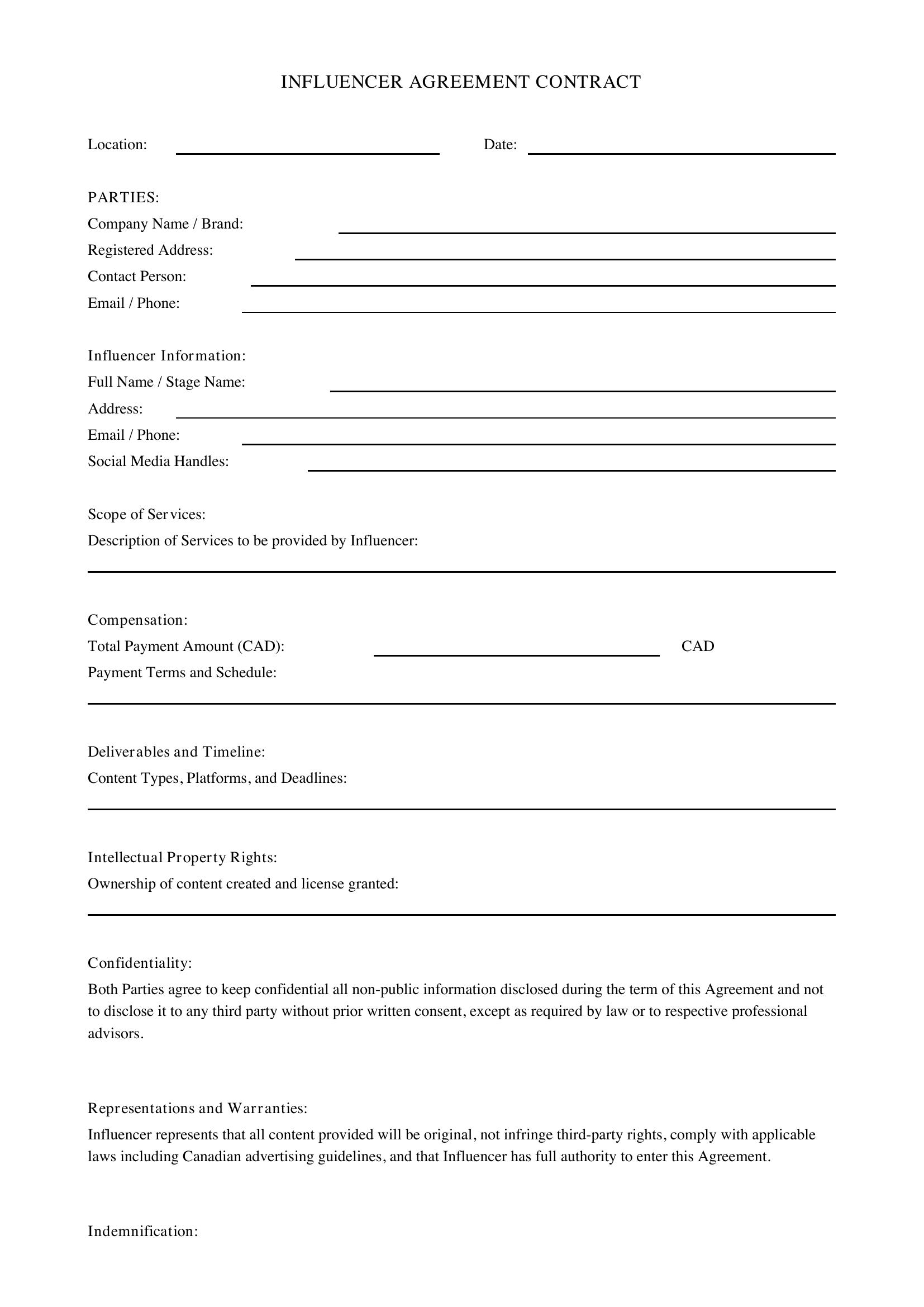 Influencer Contract Template - Canada