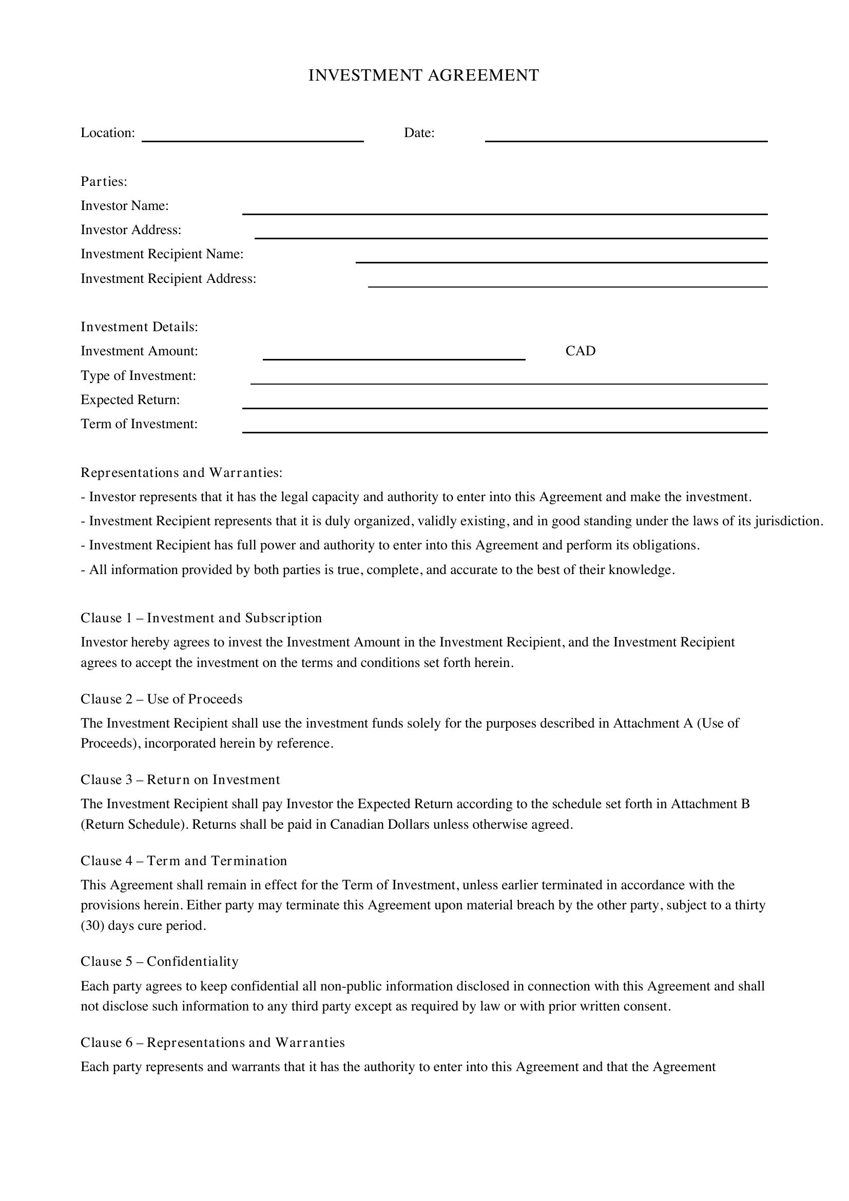 Investment Agreement Template - Canada