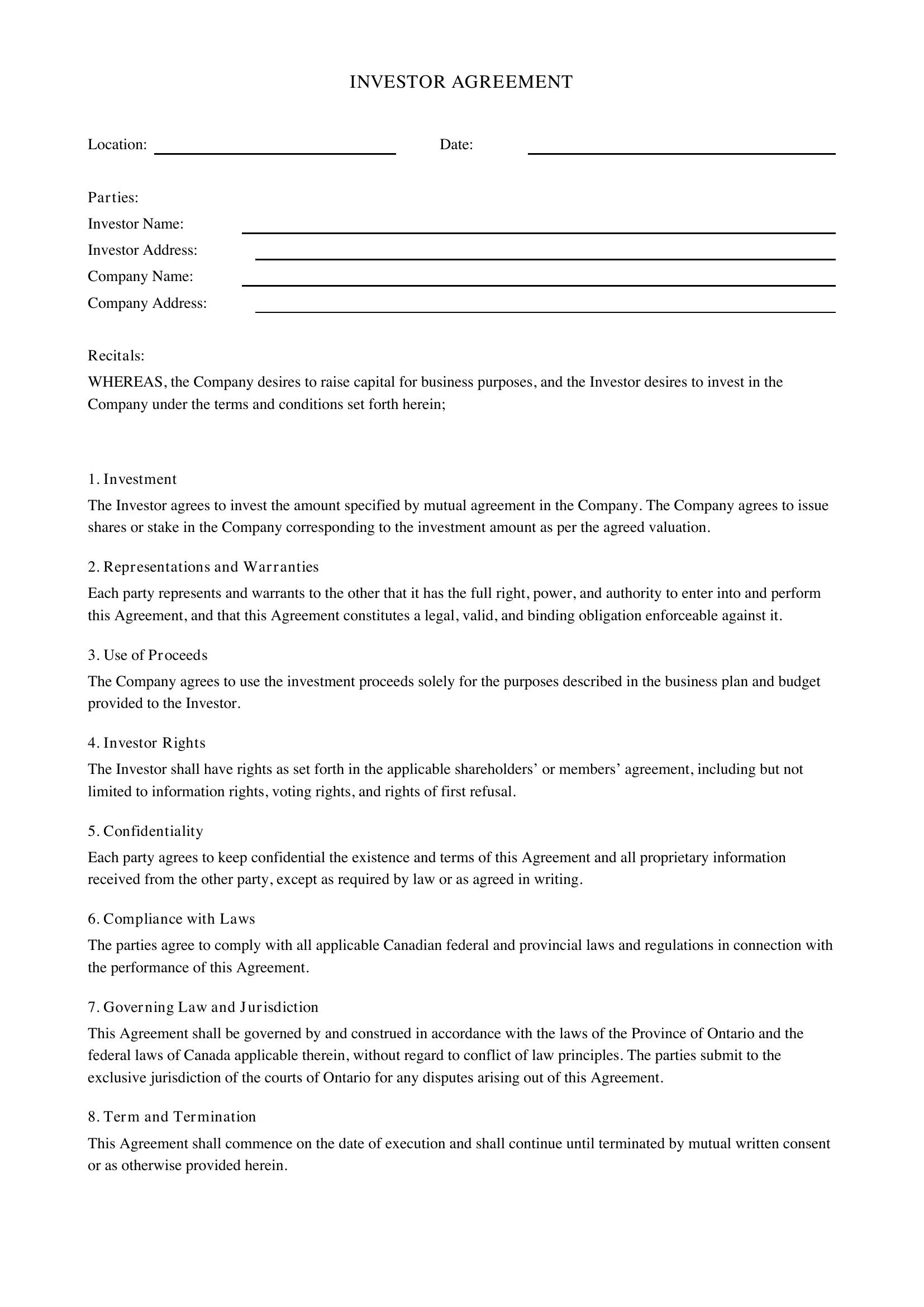 Investor Agreement Template - Canada