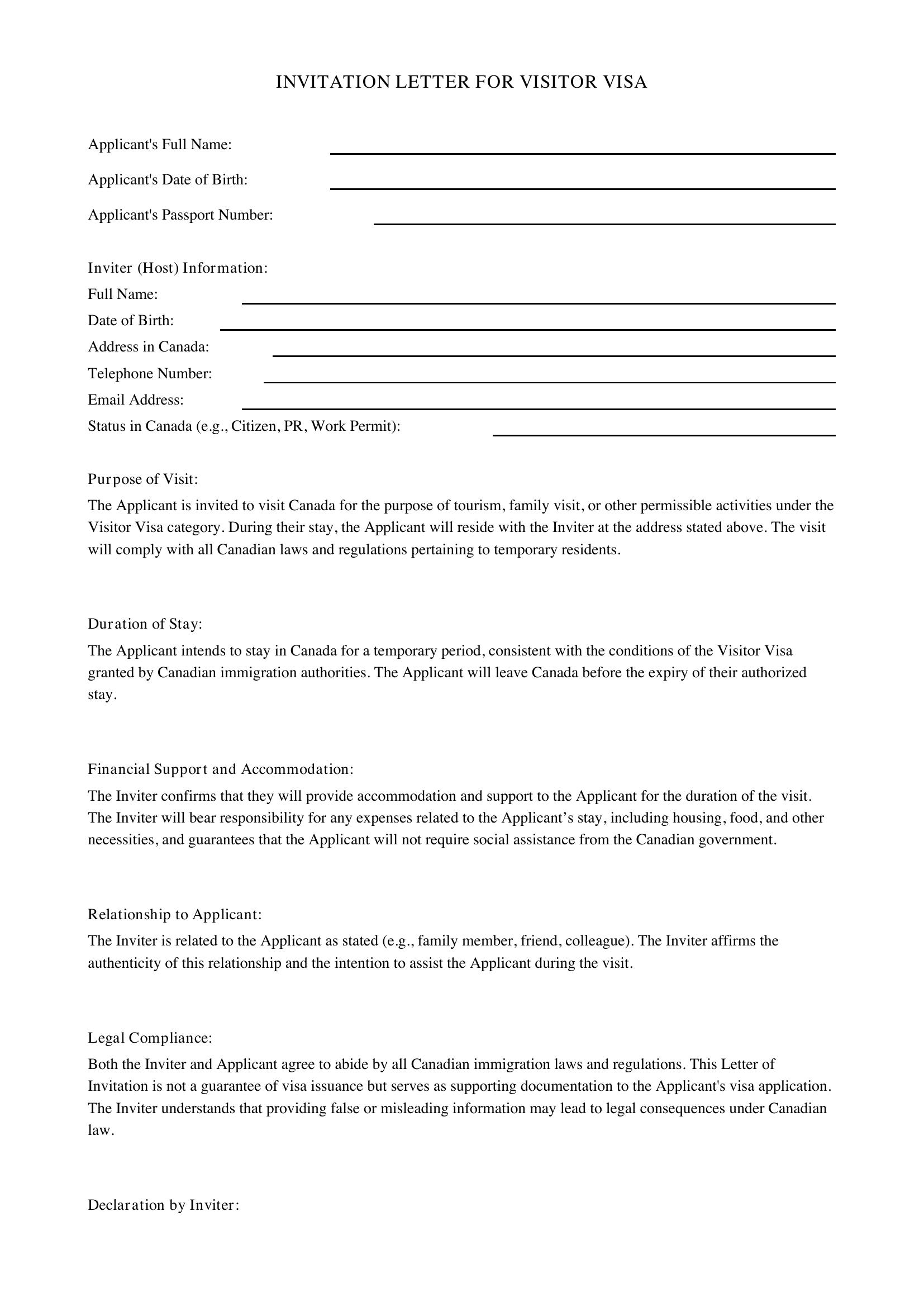 Invitation Letter For Visitor Visa Template - Canada