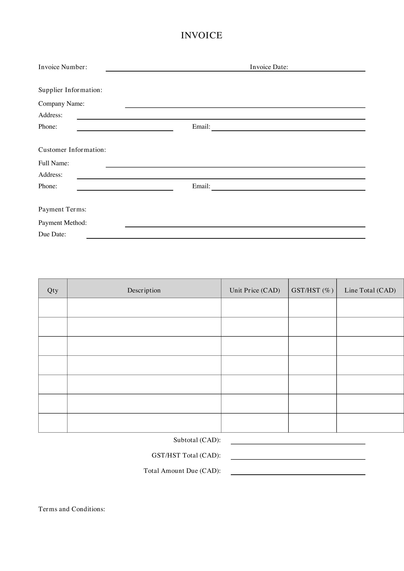 Invoice Form Template - Canada