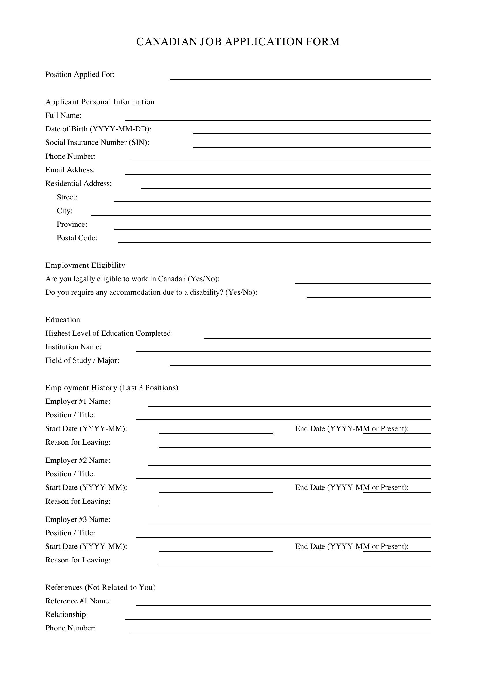 Job Application Form Template - Canada