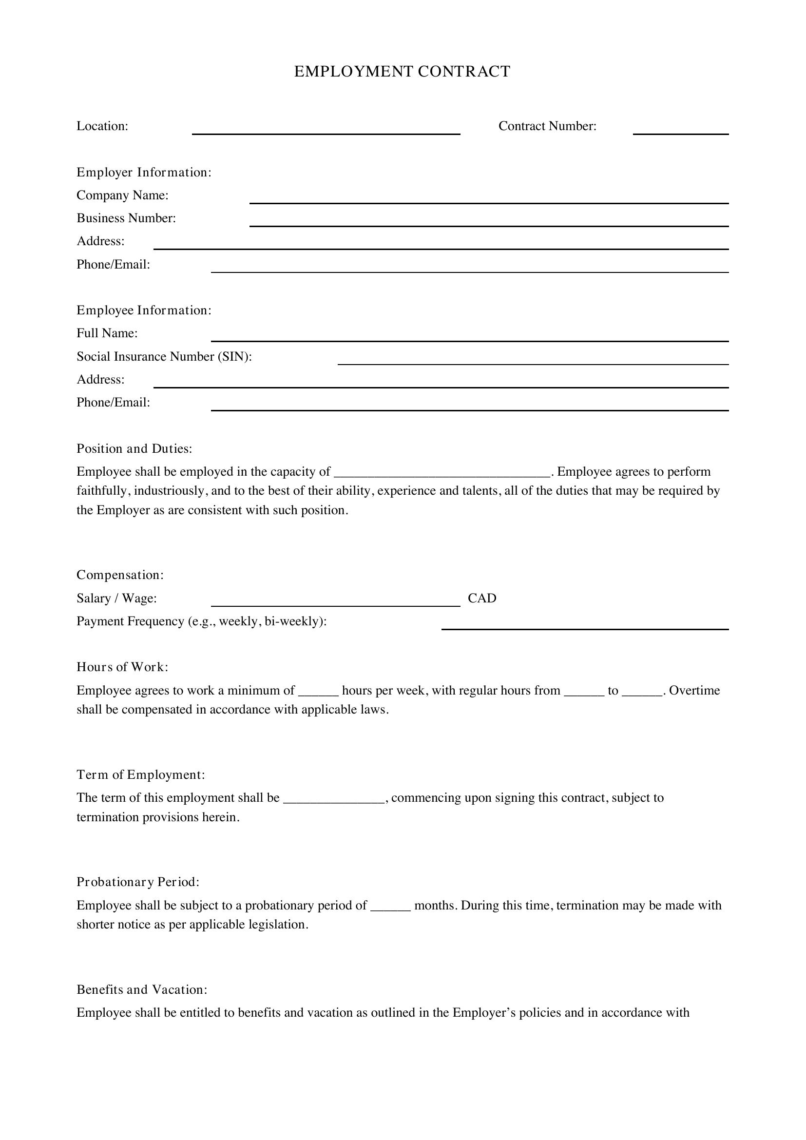 Job Printable Employment Contract Template - Canada
