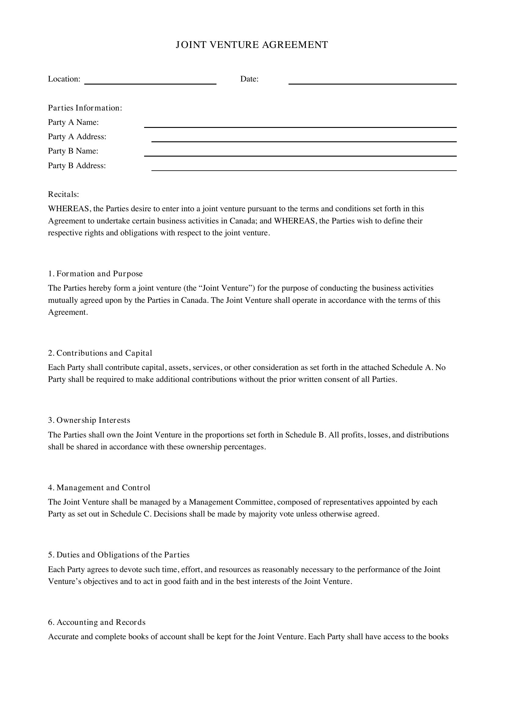 Joint Venture Agreement Template - Canada