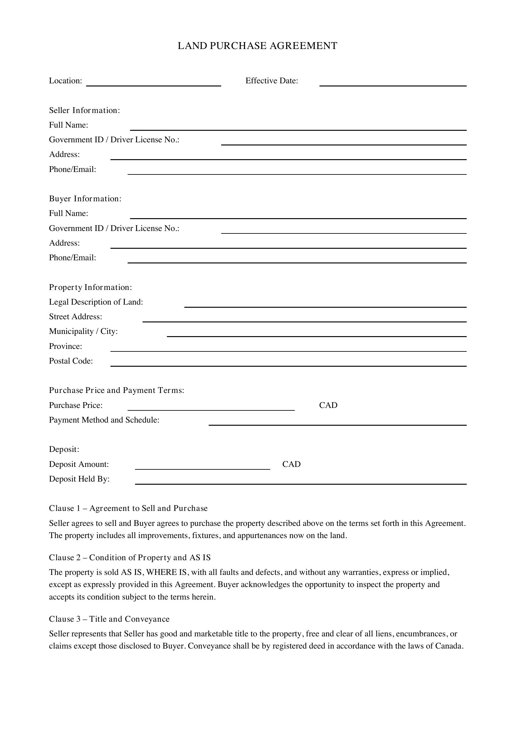 Land Purchase Agreement Template - Canada
