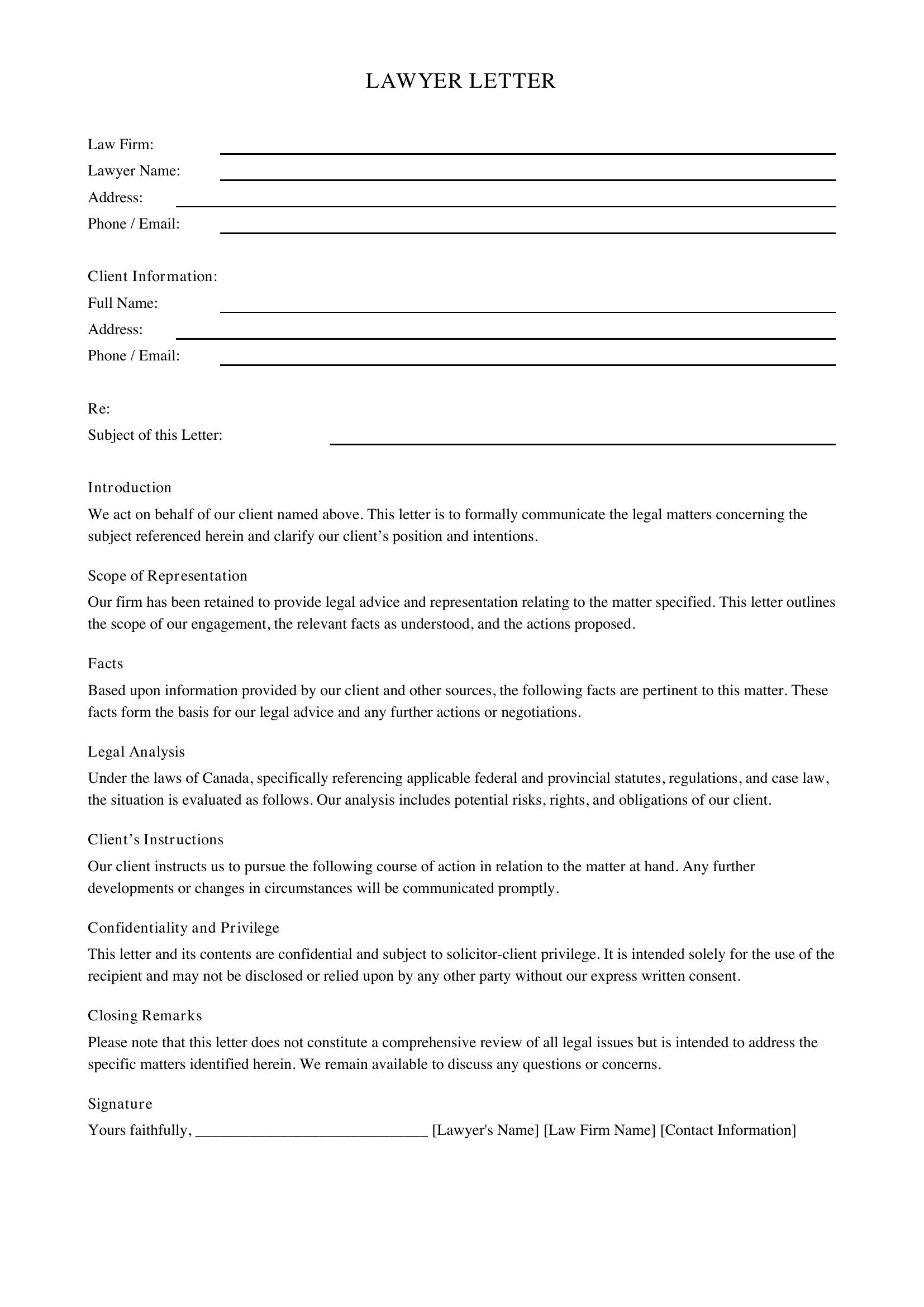 Lawyer Letter Template - Canada