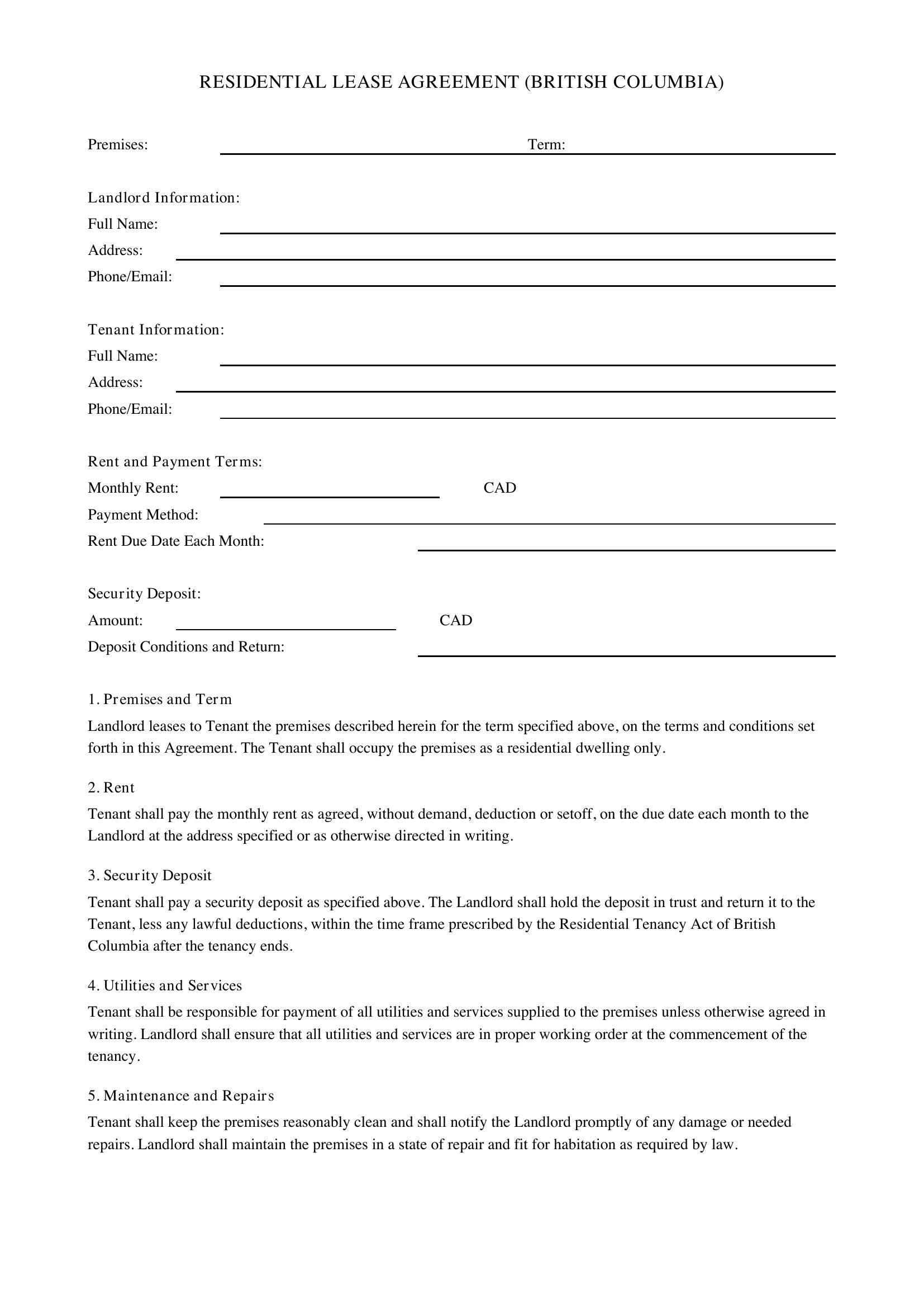 Lease Agreement Bc Template - Canada