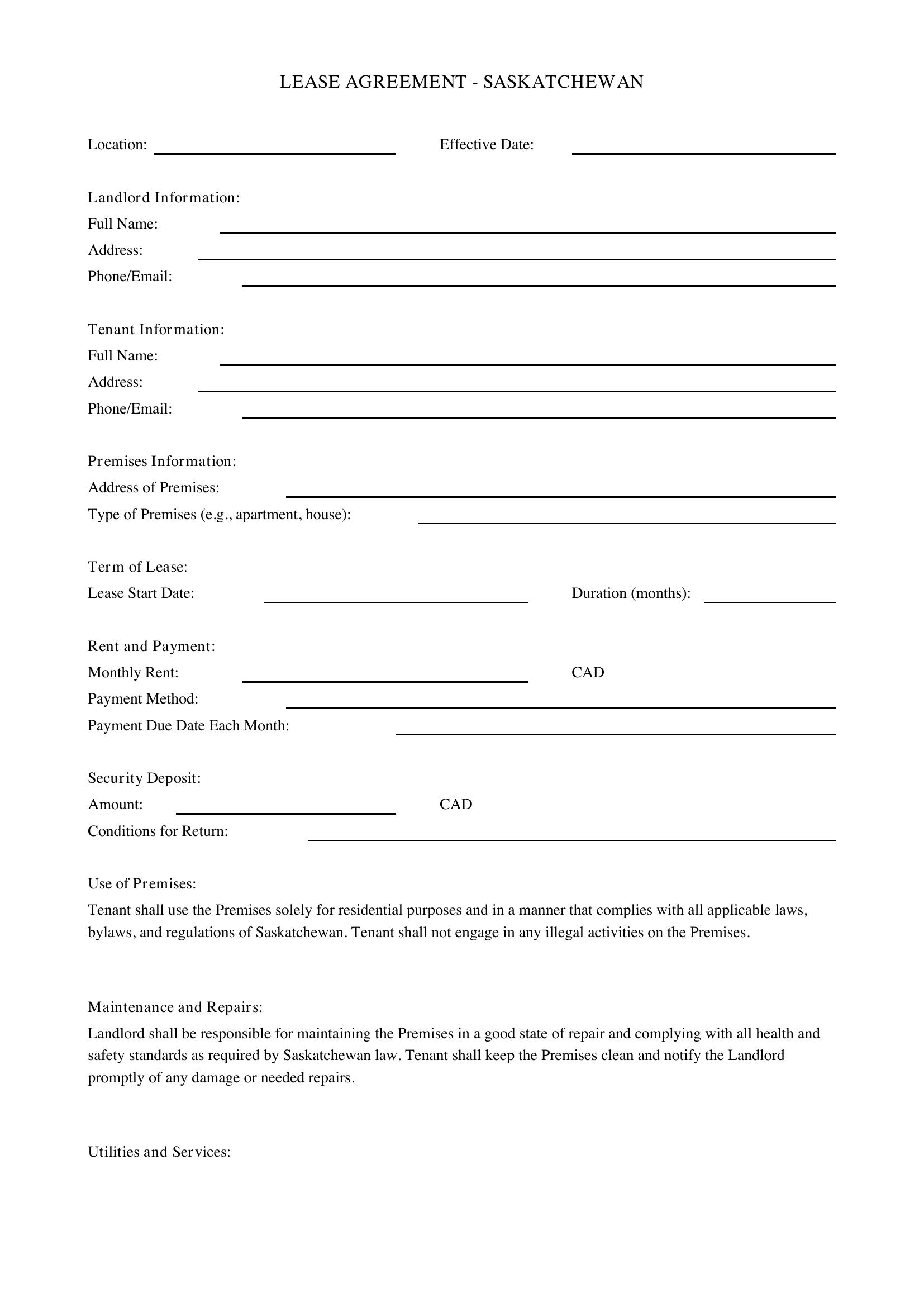 Lease Agreement Saskatchewan Template - Canada