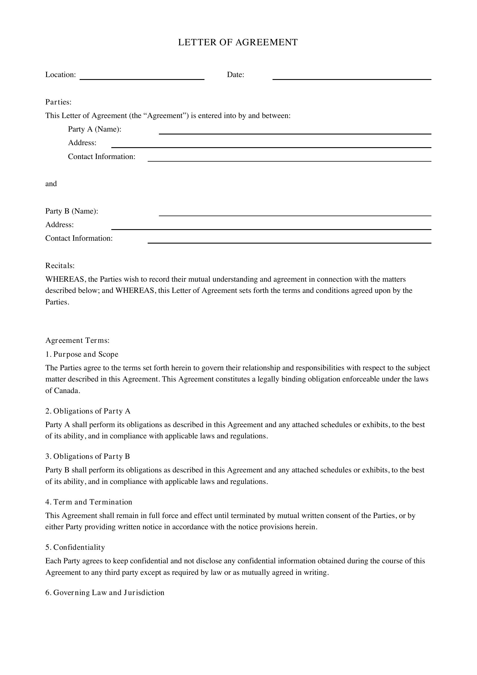 Letter Of Agreement Template - Canada