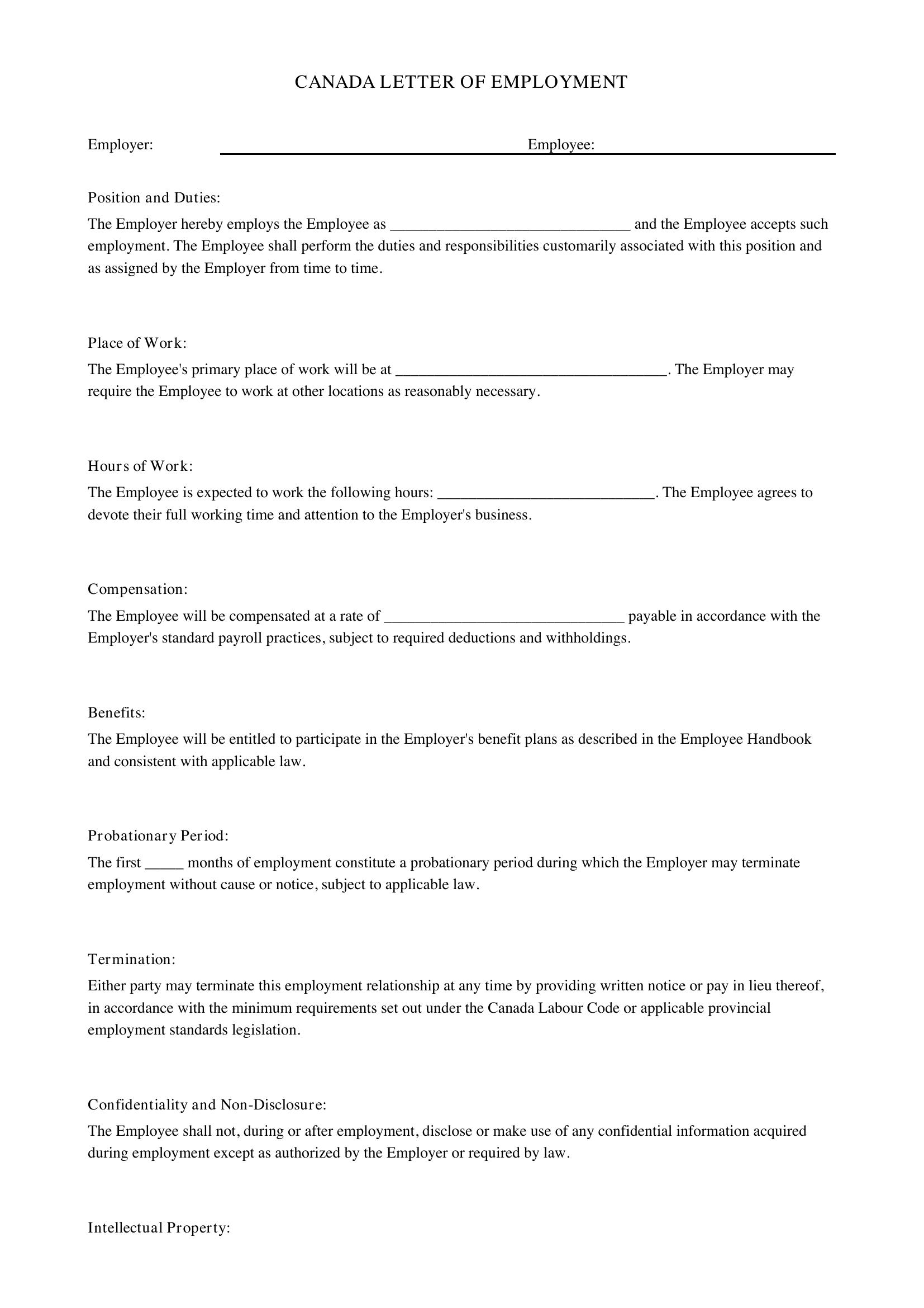 Letter Of Employment Template - Canada