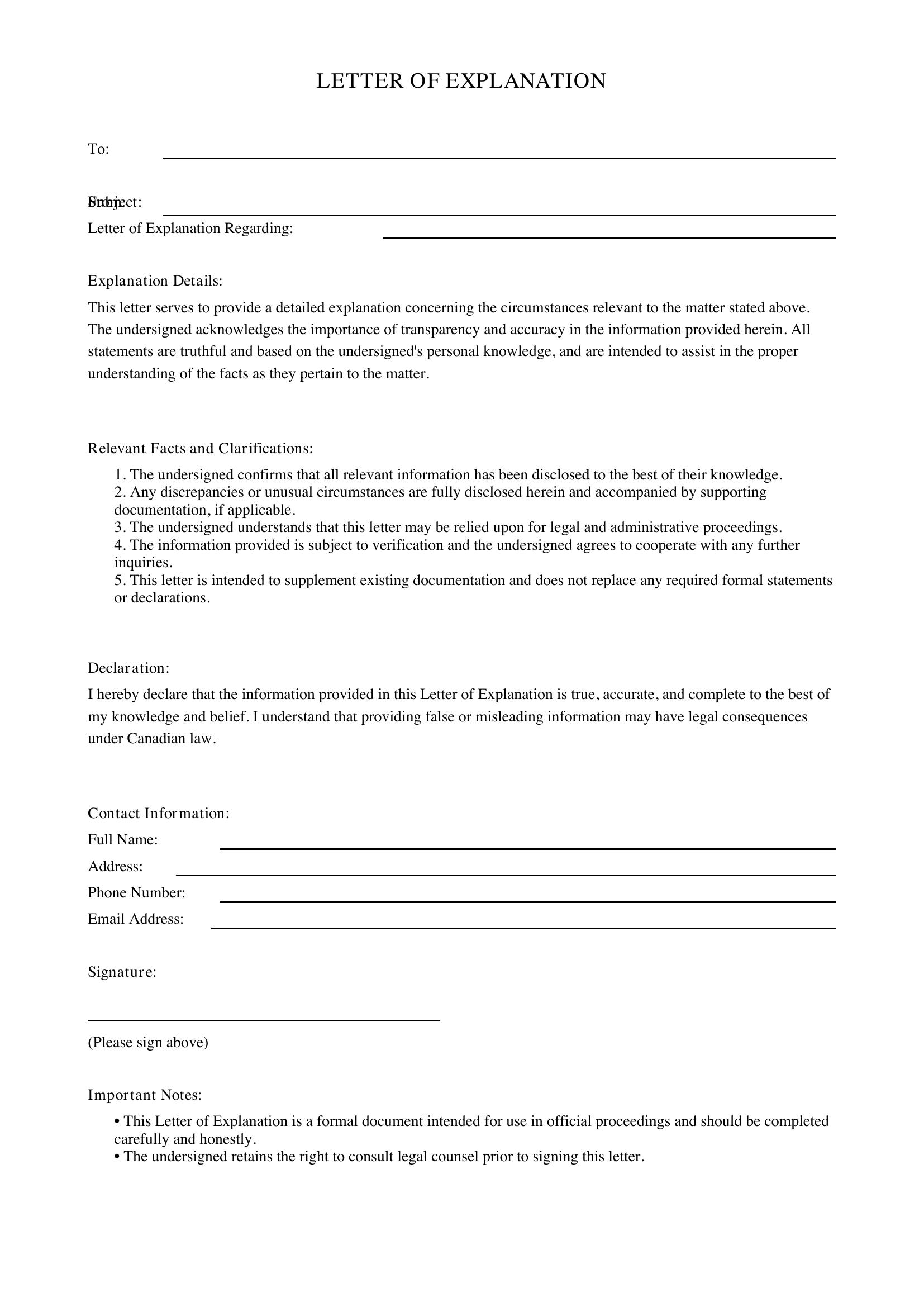 Letter Of Explanation Template - Canada