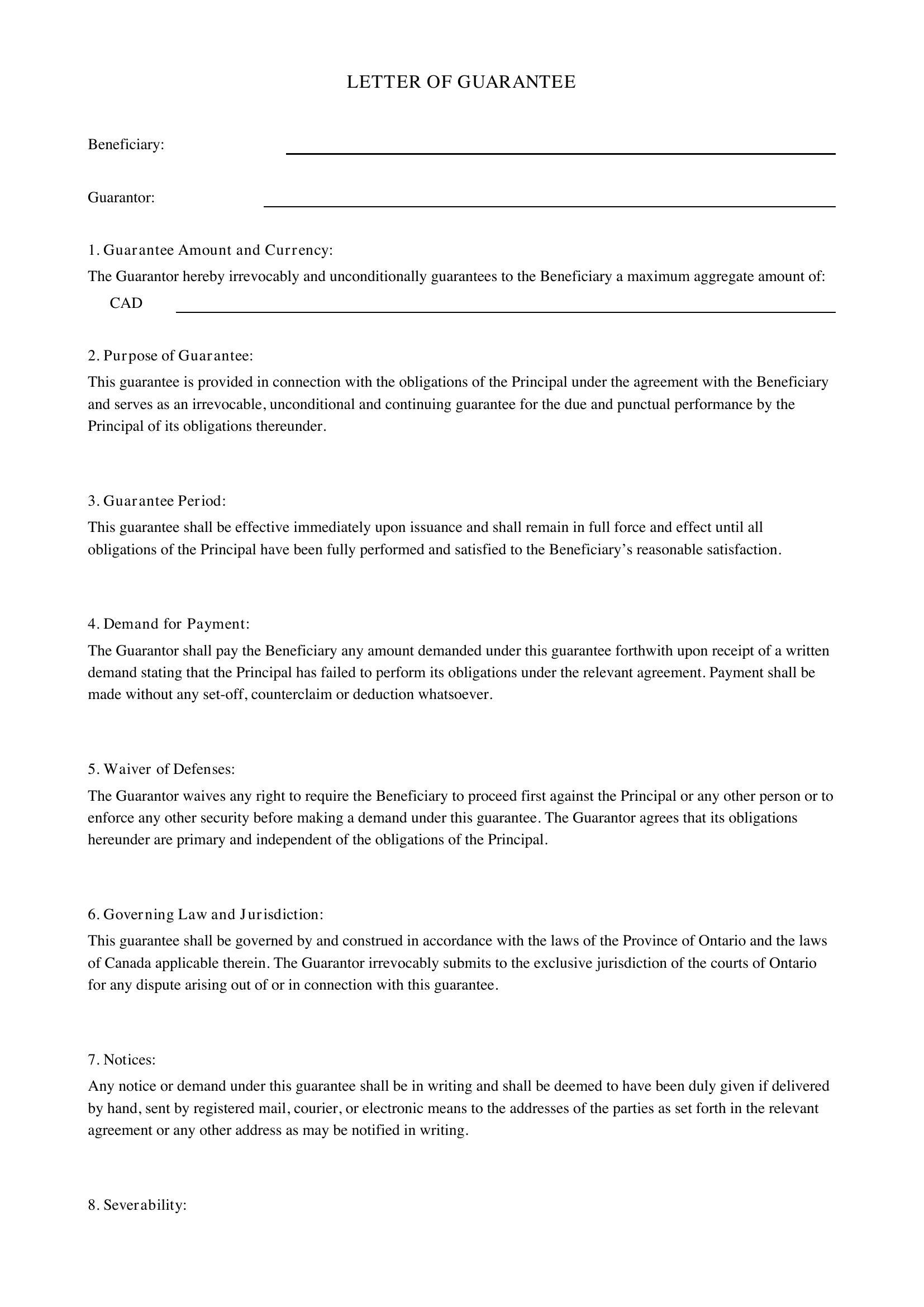 Letter Of Guarantee Template - Canada