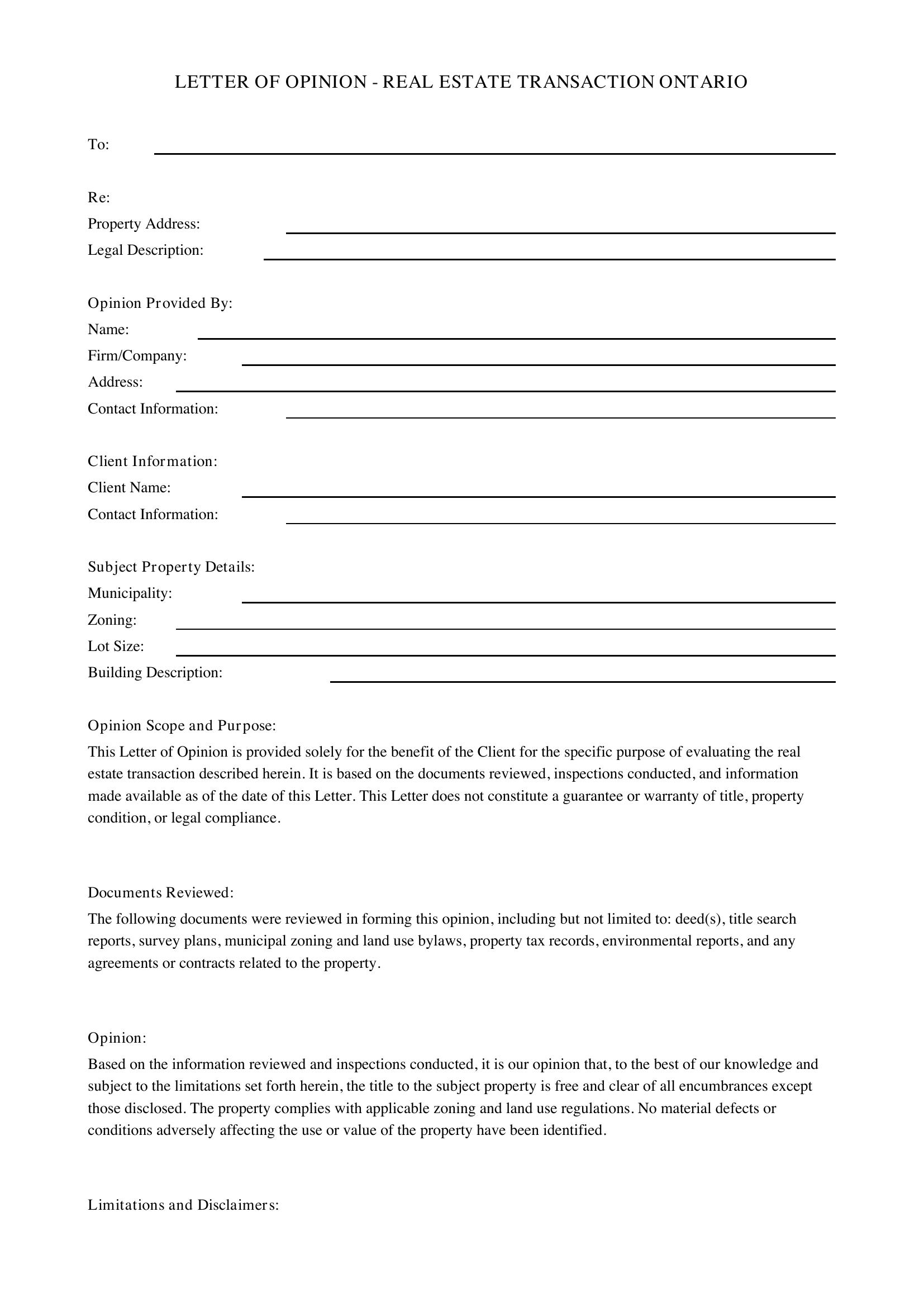 Letter Of Opinion Real Estate Ontario Template - Canada