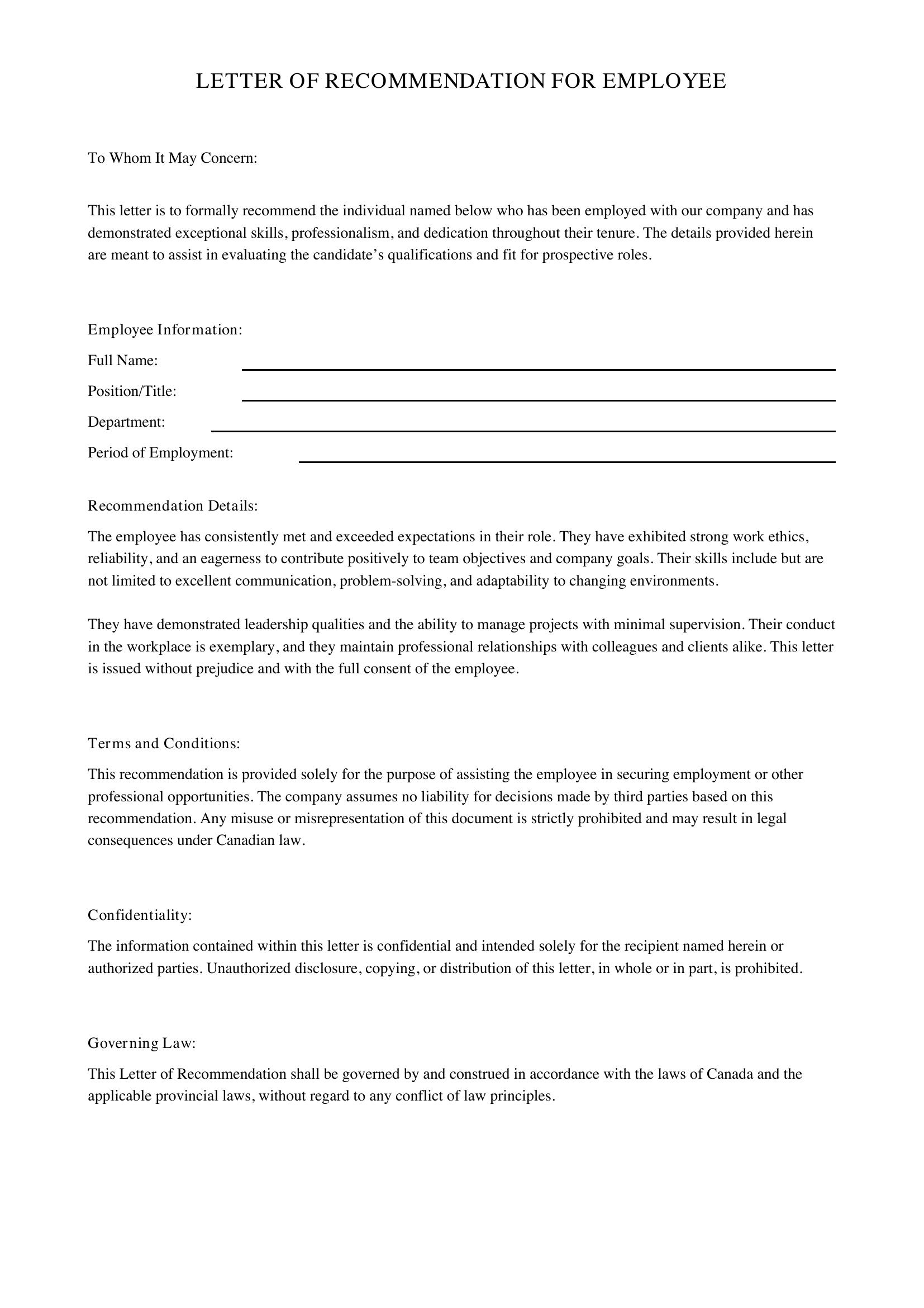 Letter Of Recommendation For Employee Template - Canada