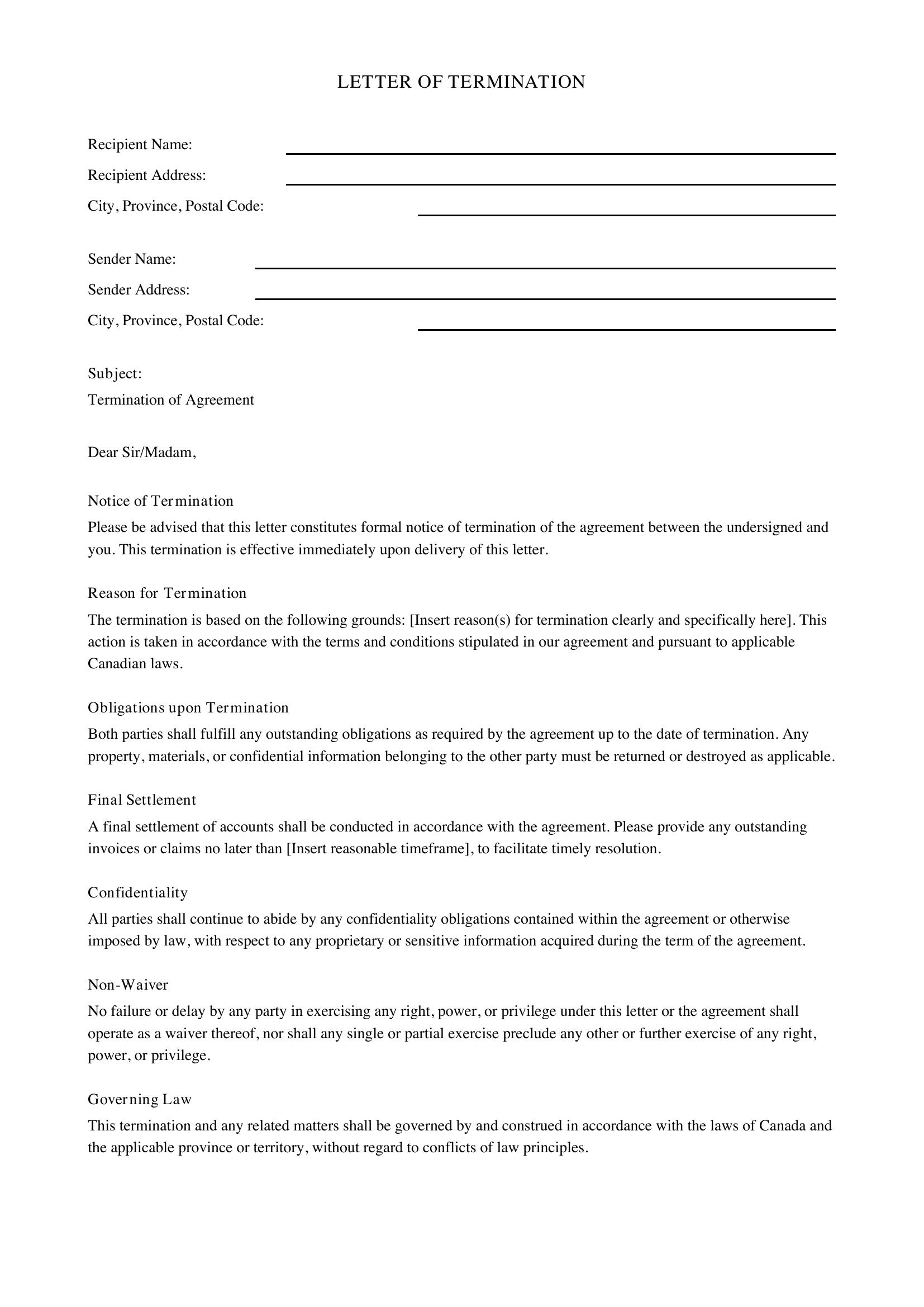 Letter Of Termination Template - Canada