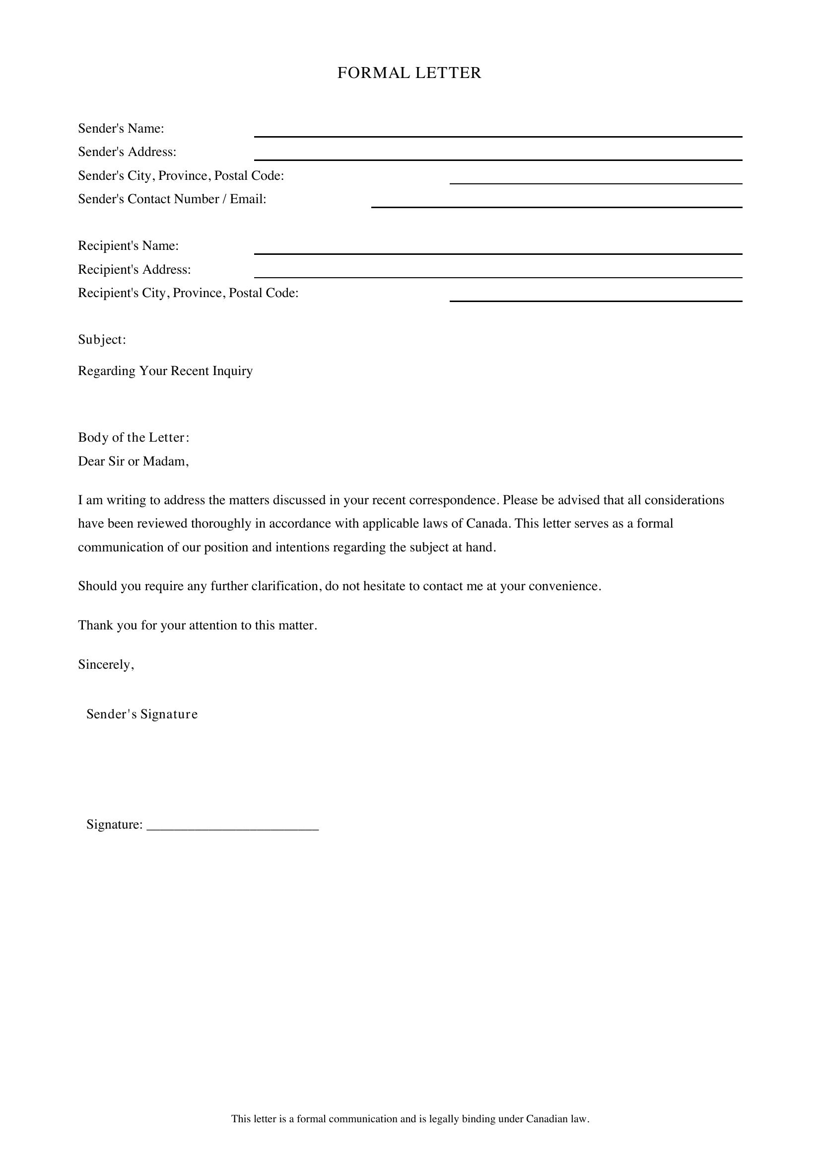 Letter Writing Template - Canada
