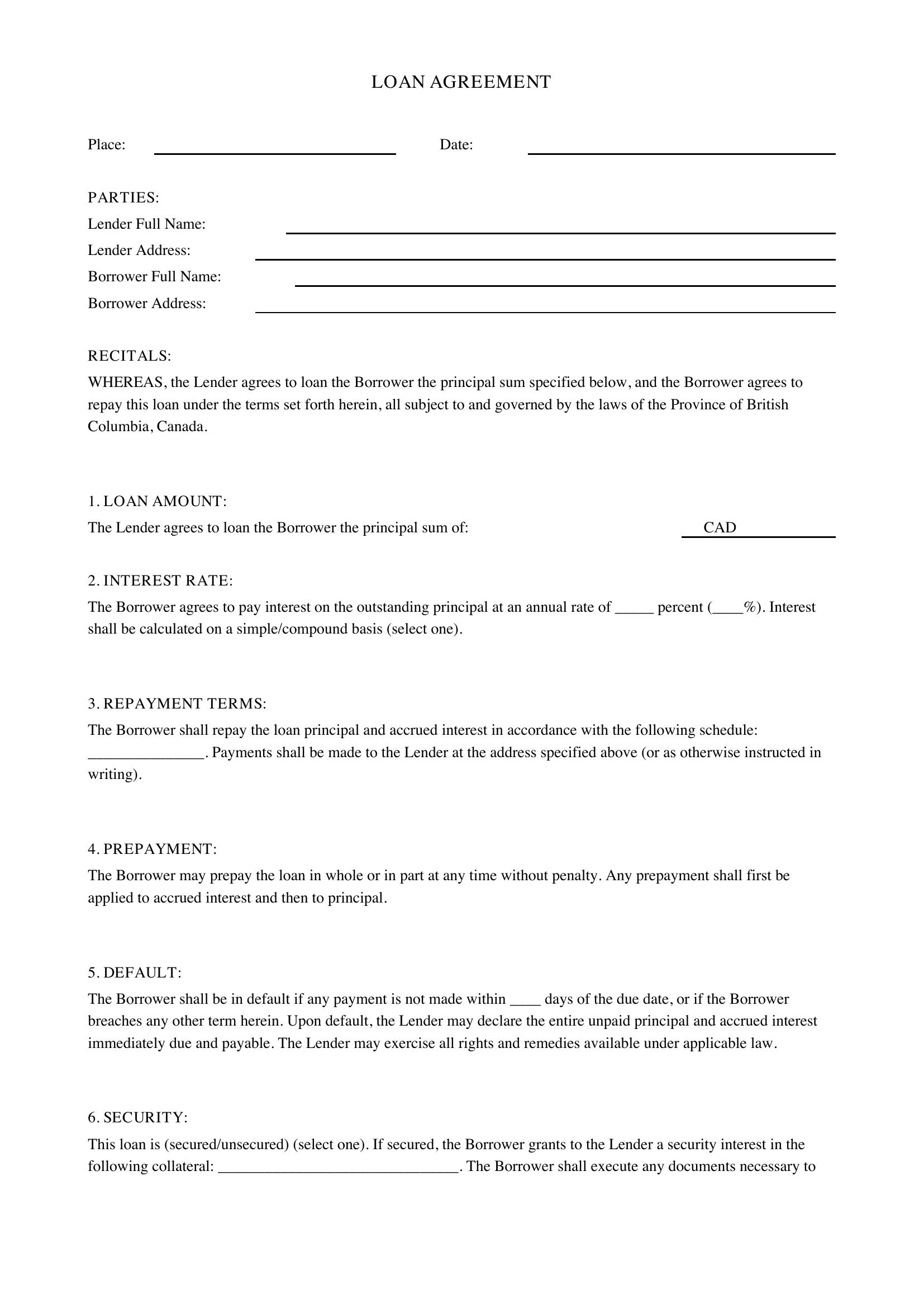 Loan Agreement Bc Template - Canada