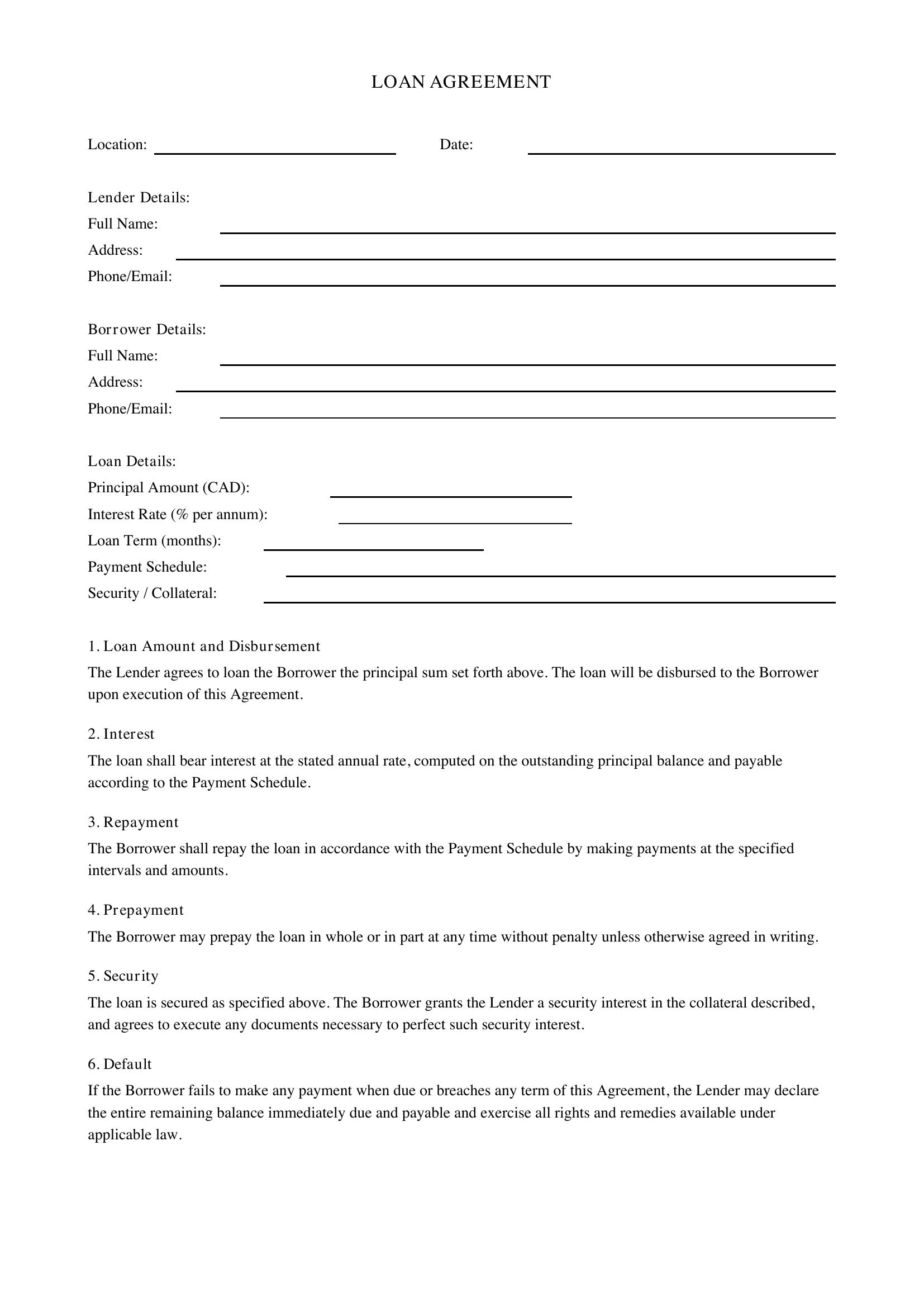 Loan Contract Ontario Template - Canada