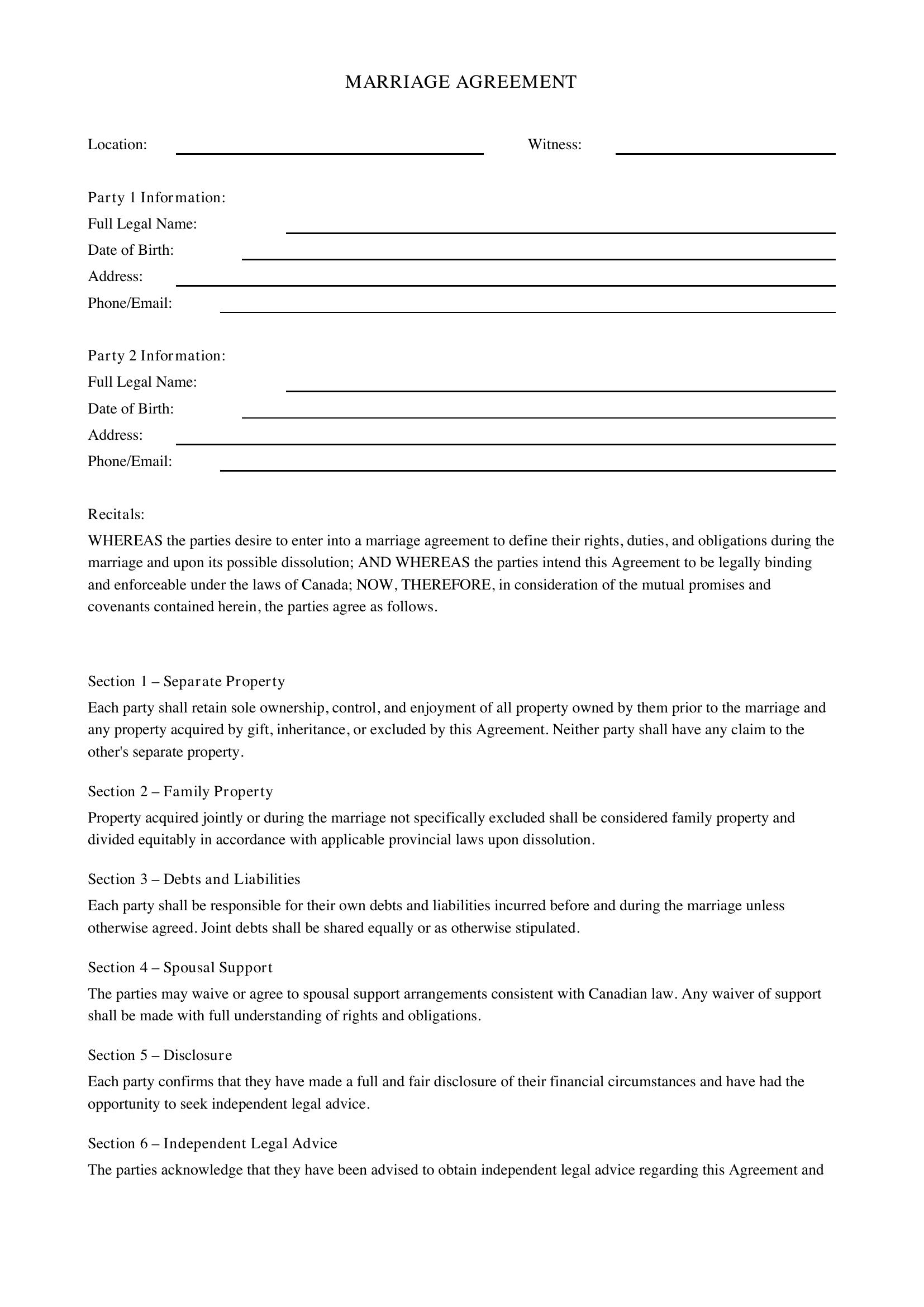 Marriage Agreement Template - Canada