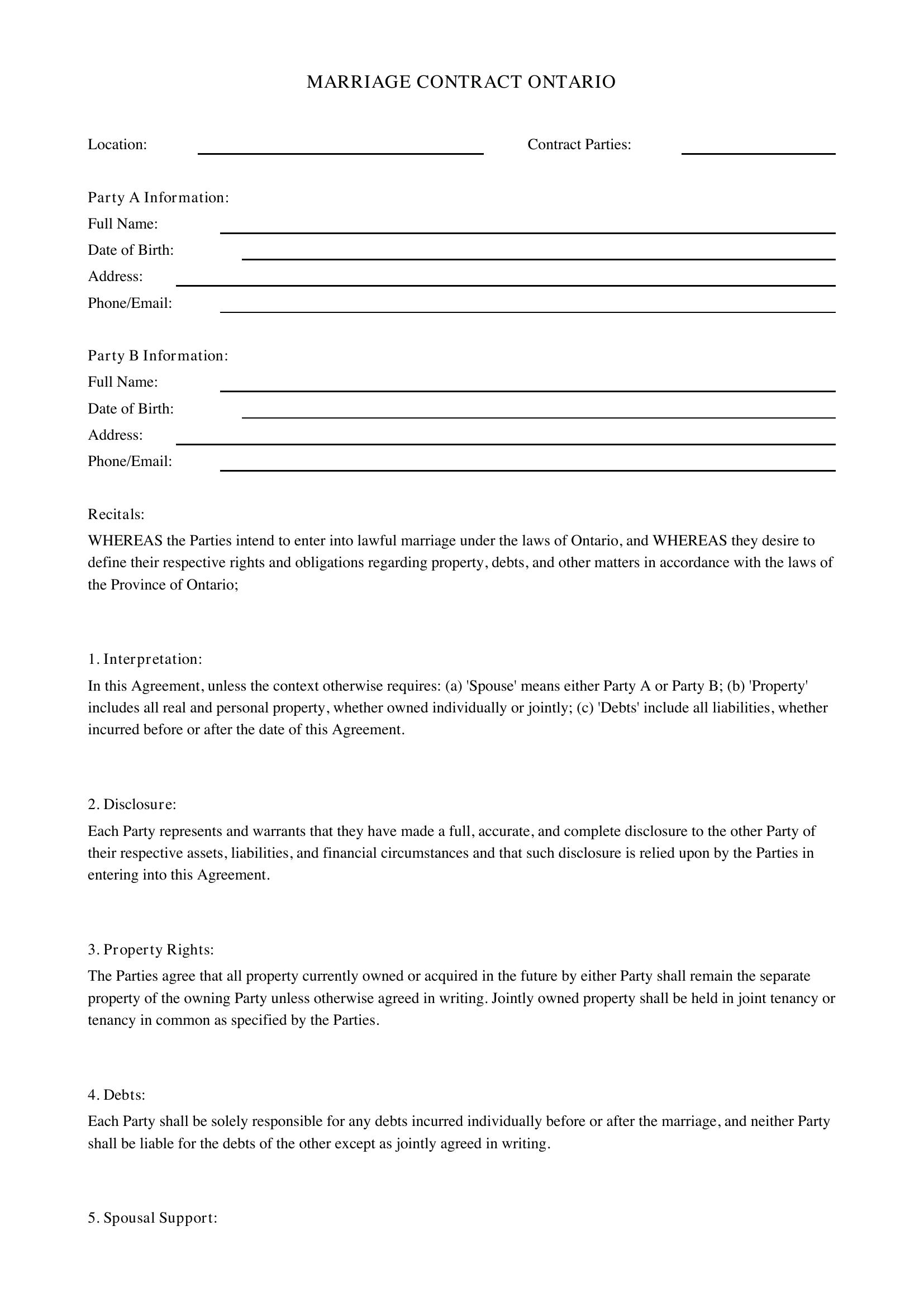 Marriage Contract Ontario Template - Canada