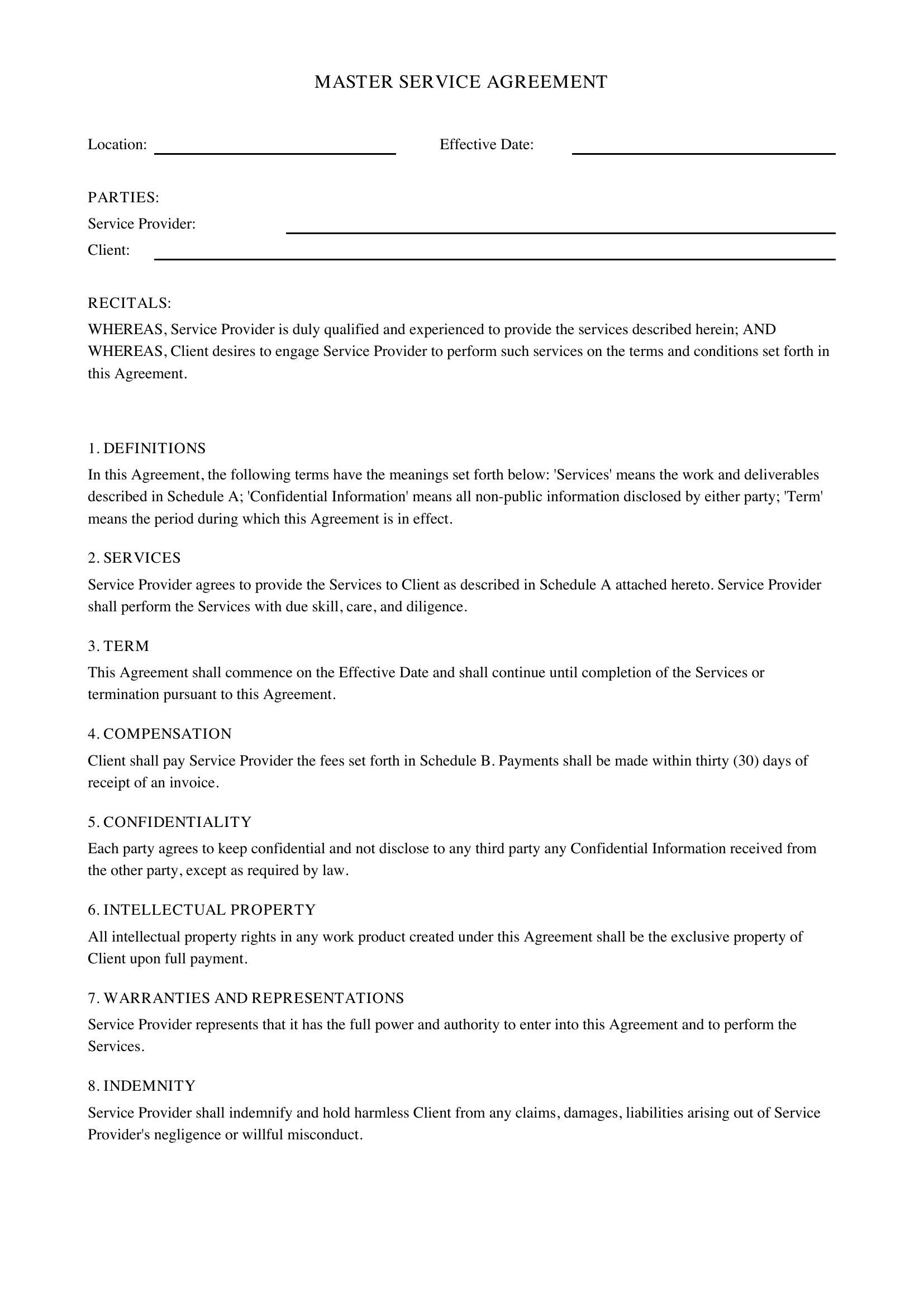 Master Service Agreement Template - Canada