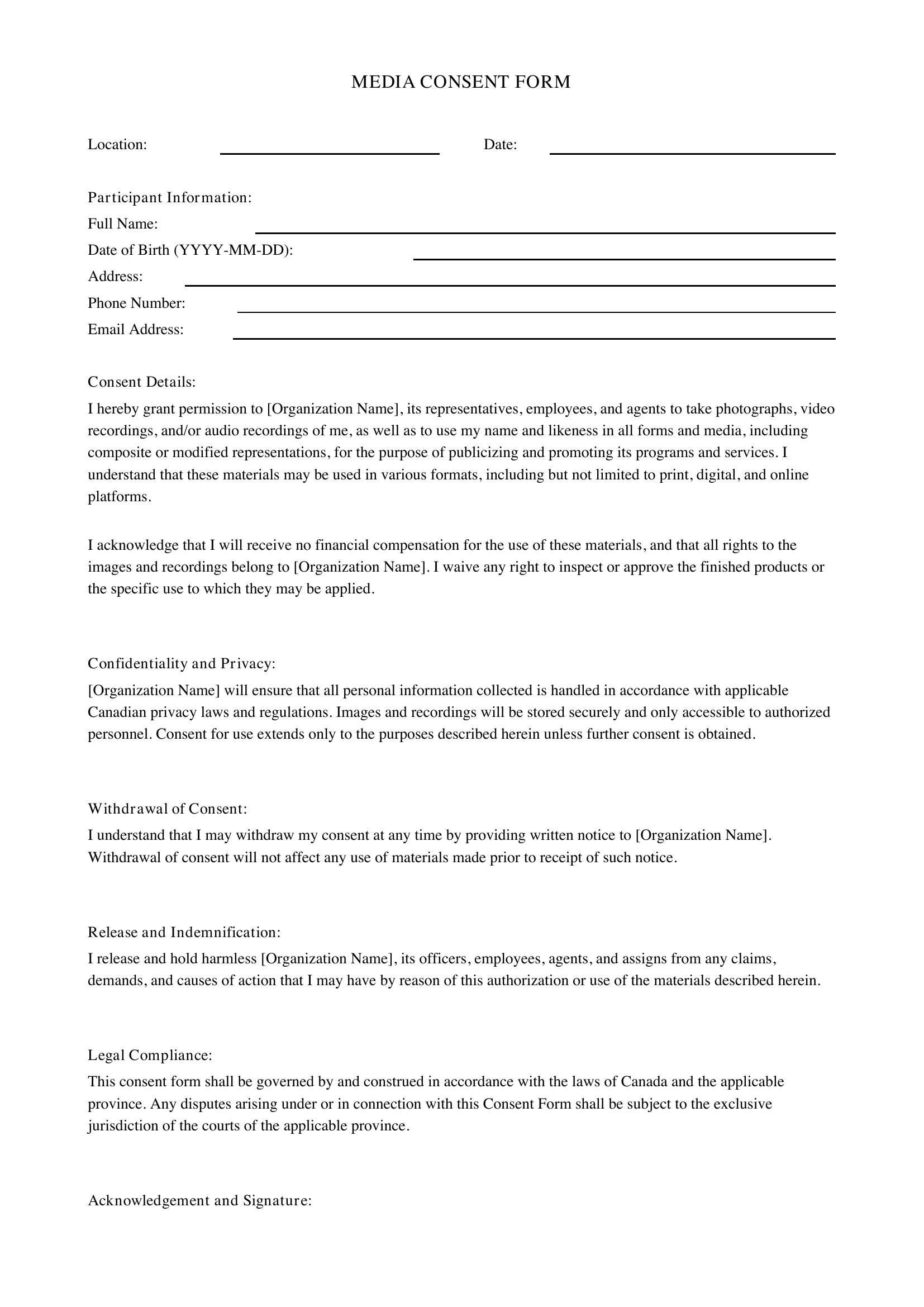 Media Consent Form Template - Canada