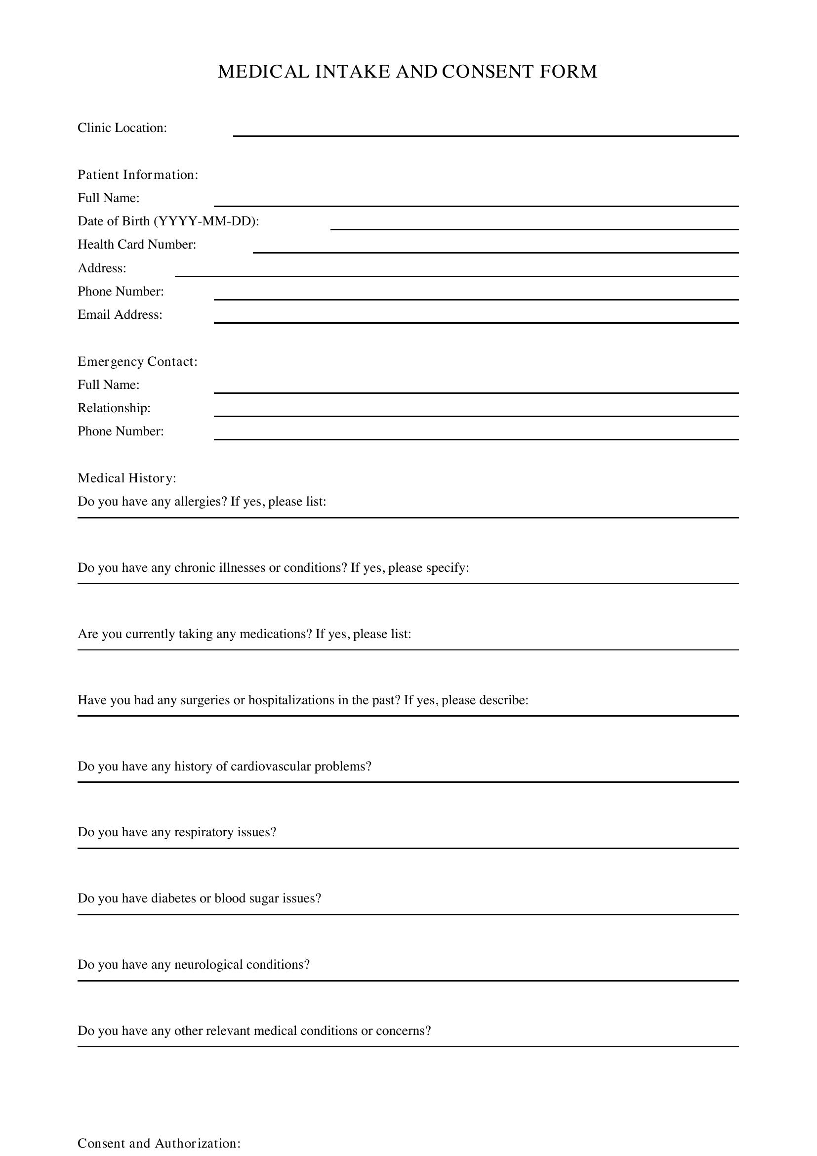 Medical Intake Form Template - Canada