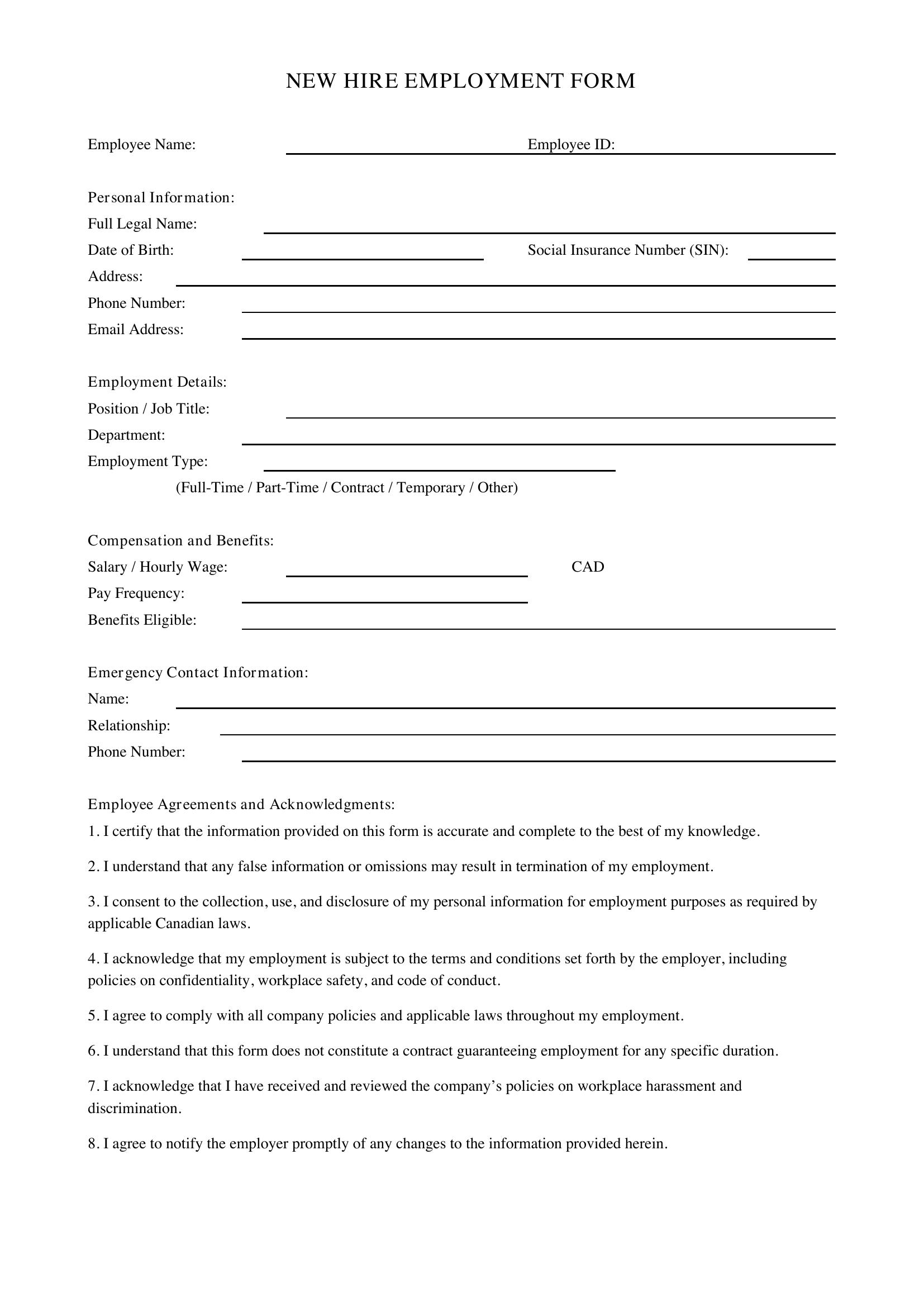 New Hire Form Template - Canada