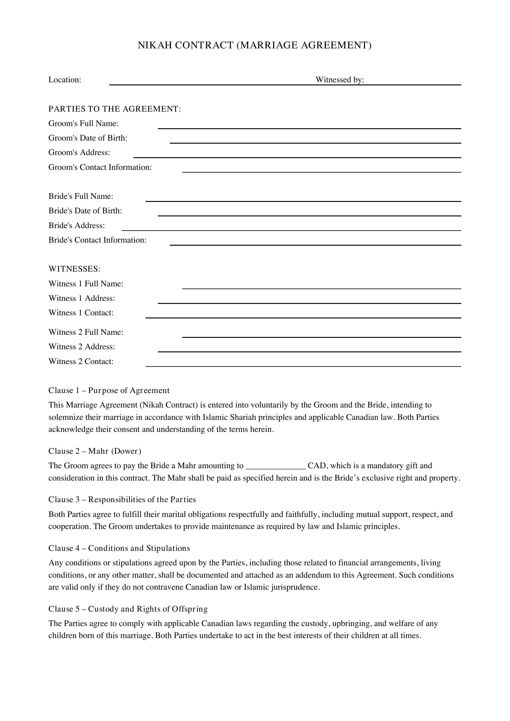 Nikah Contract Template - Canada