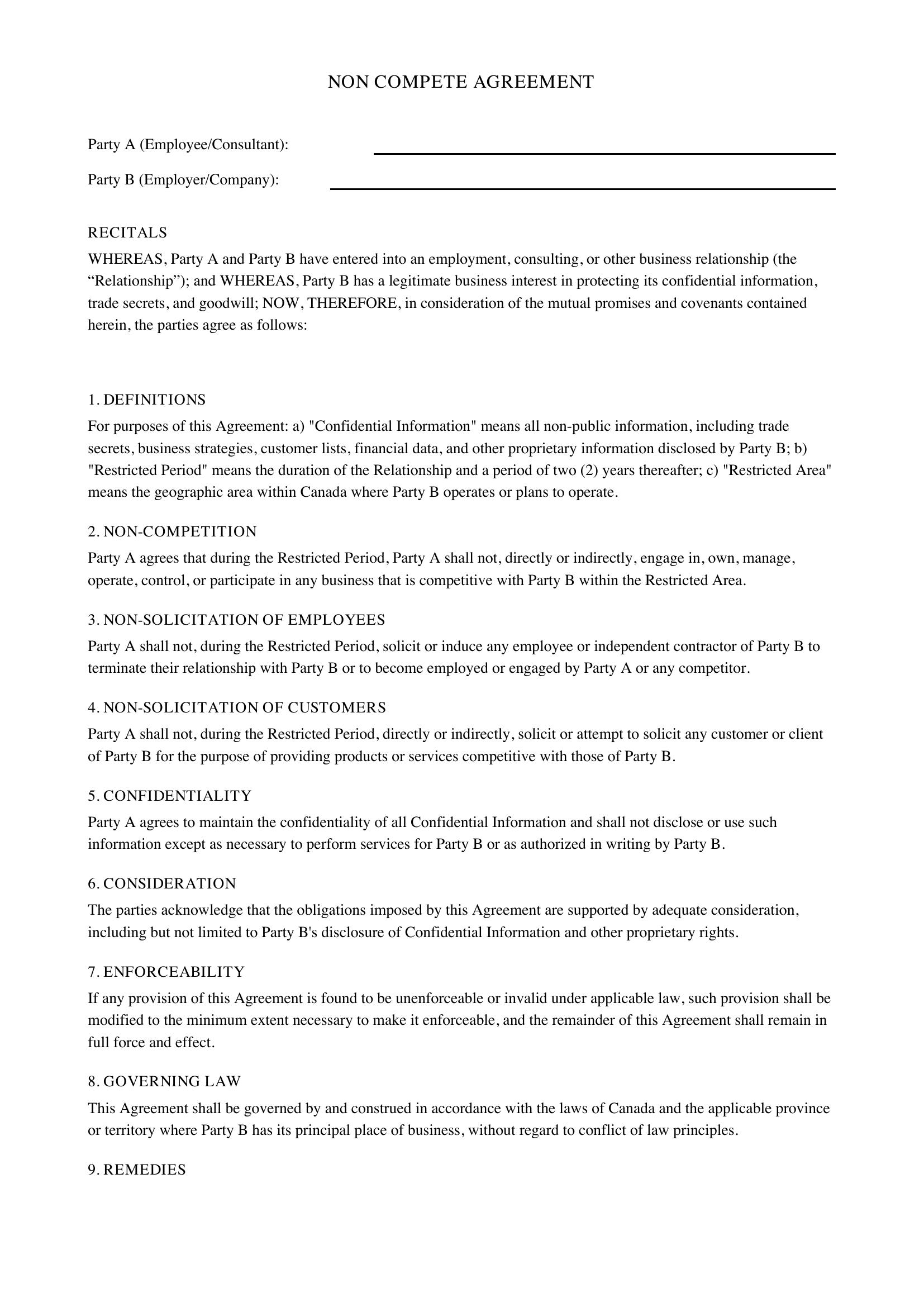 Non Compete Agreement Template - Canada