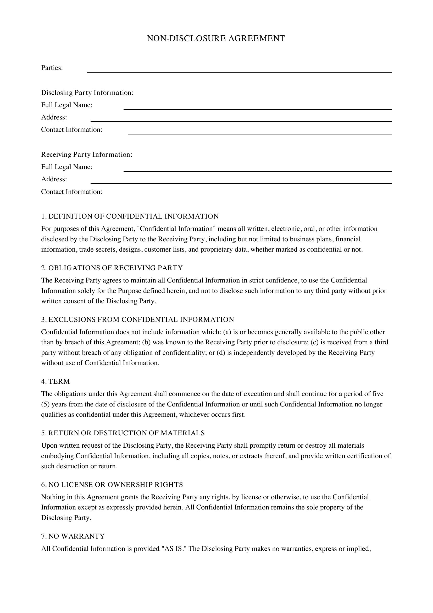 Non Disclosure Agreement Ontario Template - Canada