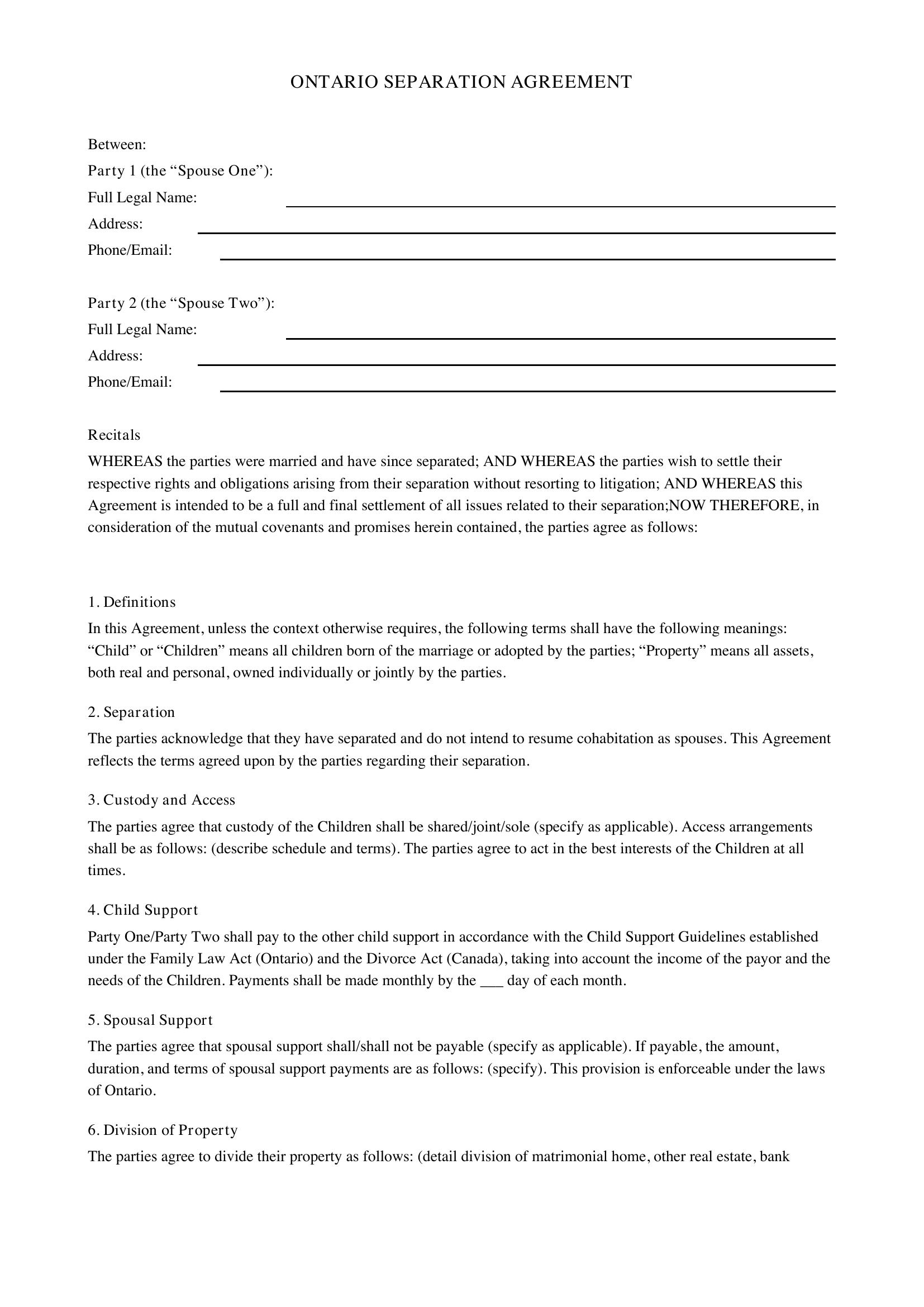 Ontario Separation Agreement Template - Canada