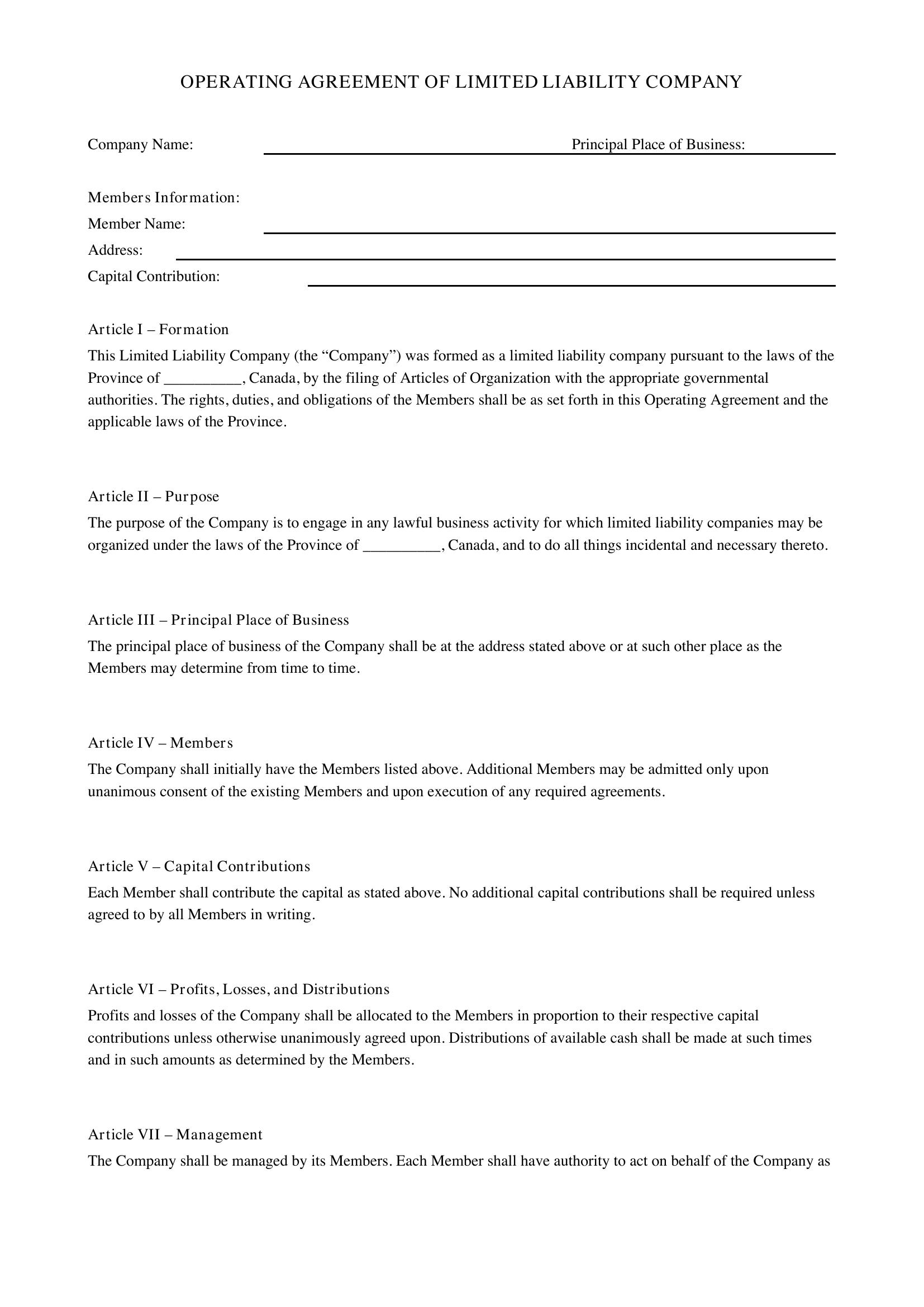 Operating Agreement Template - Canada