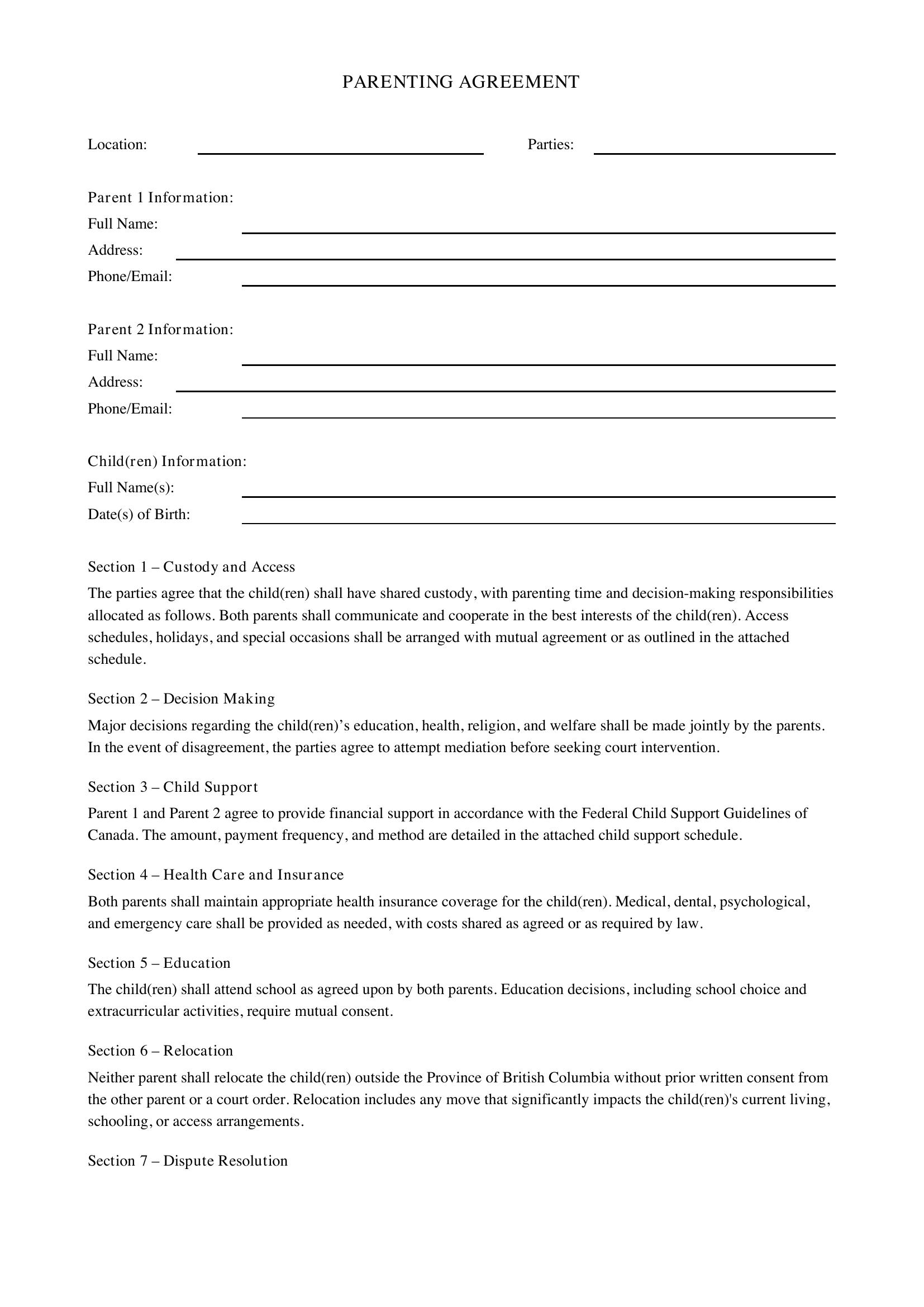 Parenting Agreement Bc Template - Canada