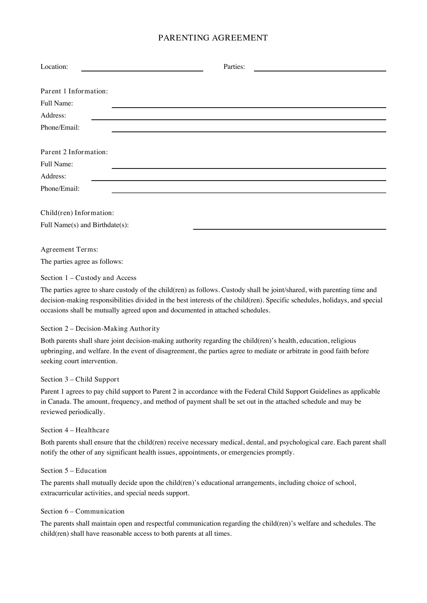Parenting Agreement Template - Canada