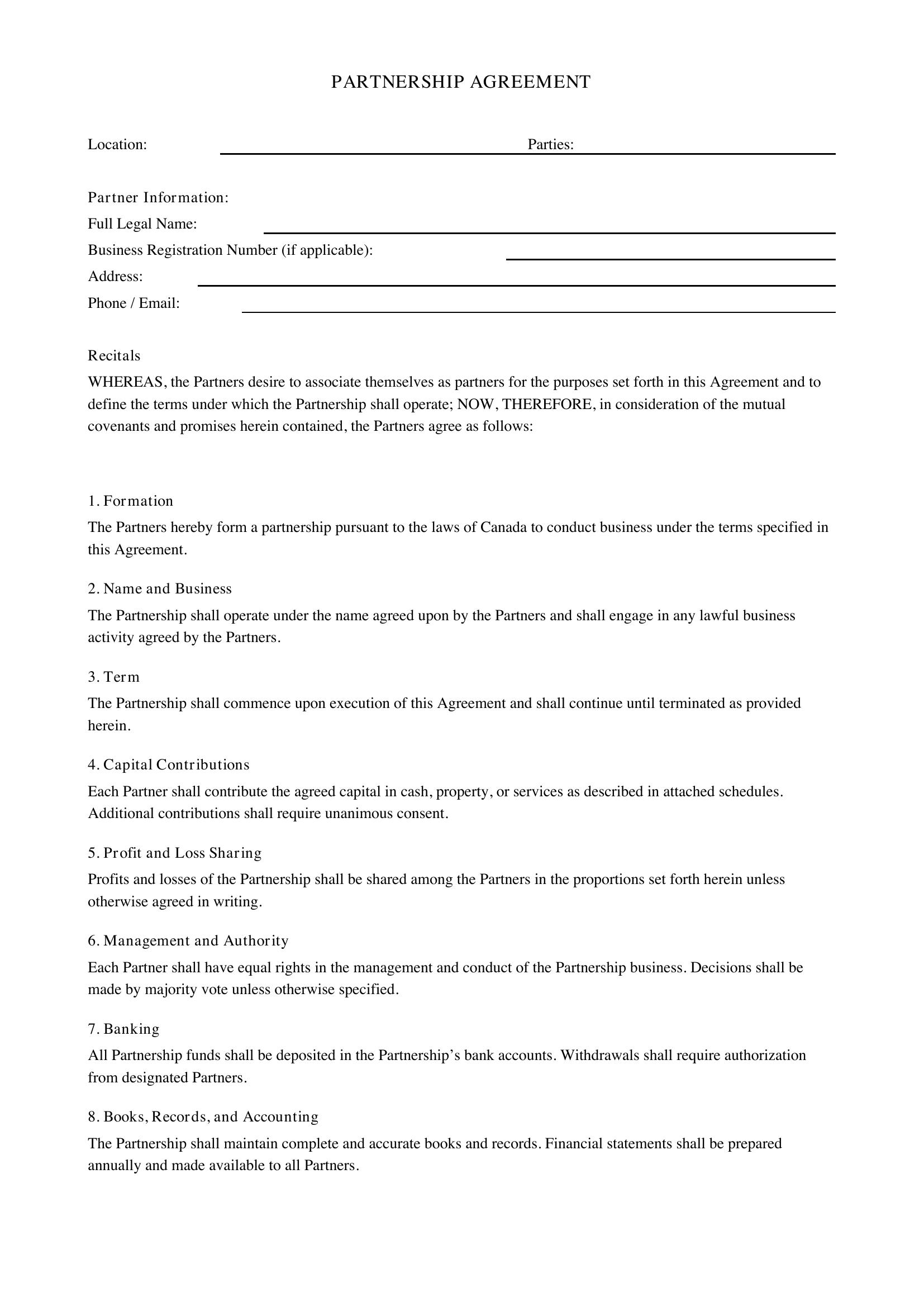 Partnership Agreement Template - Canada