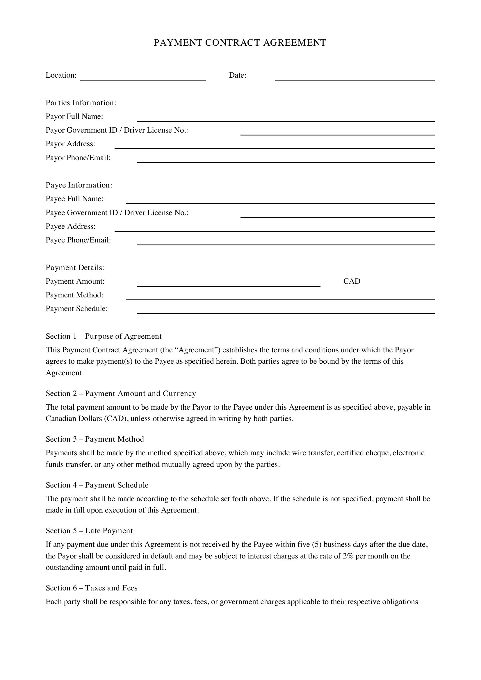 Payment Contract Template - Canada