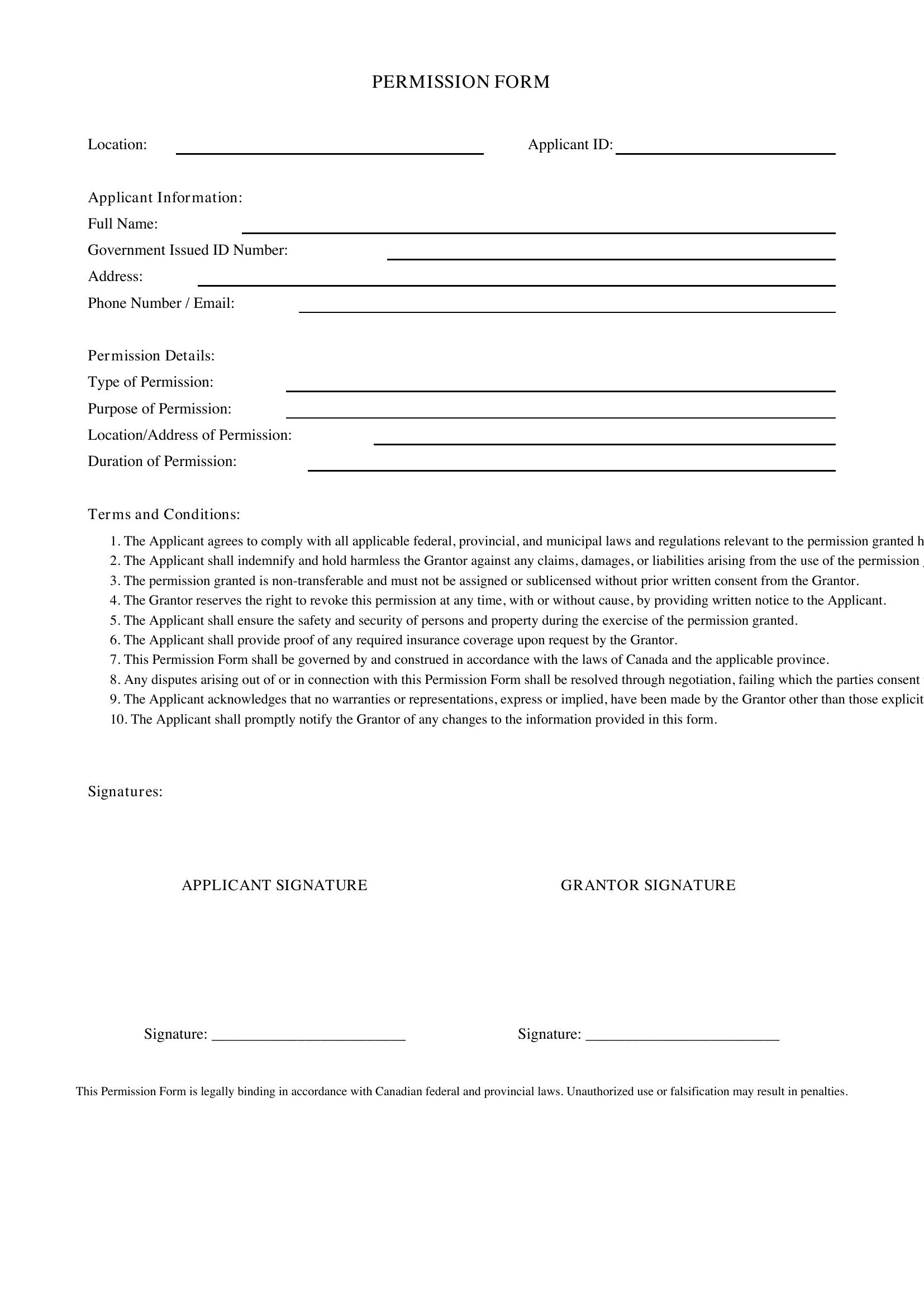 Permission Form Template - Canada