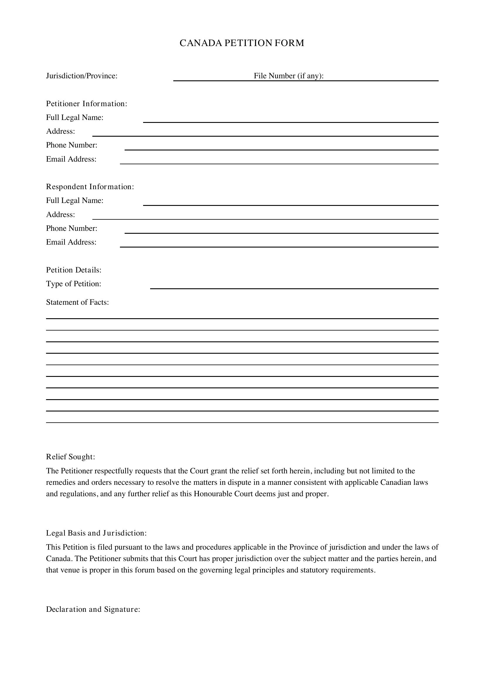 Petition Form Template - Canada