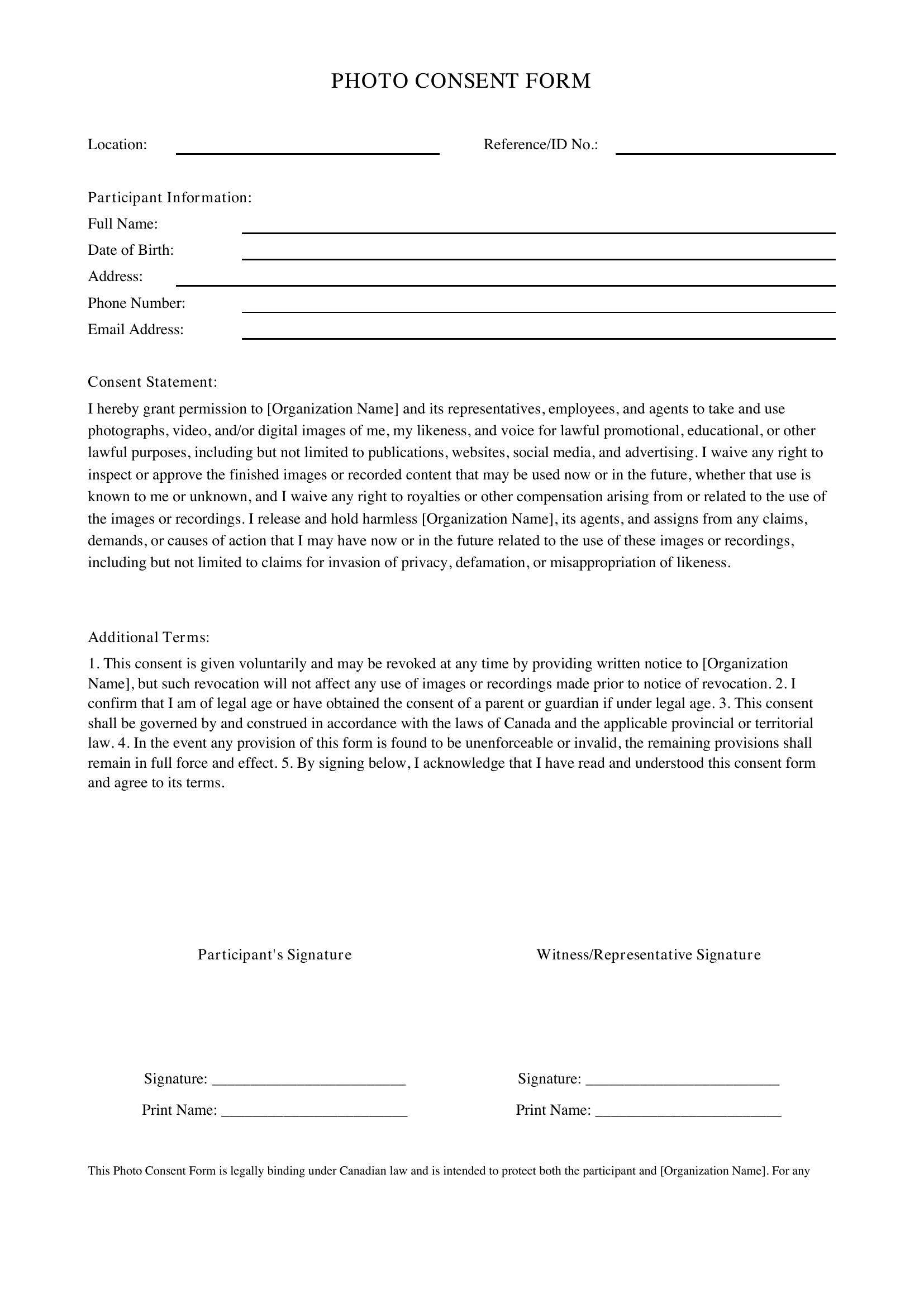 Photo Consent Form Template - Canada