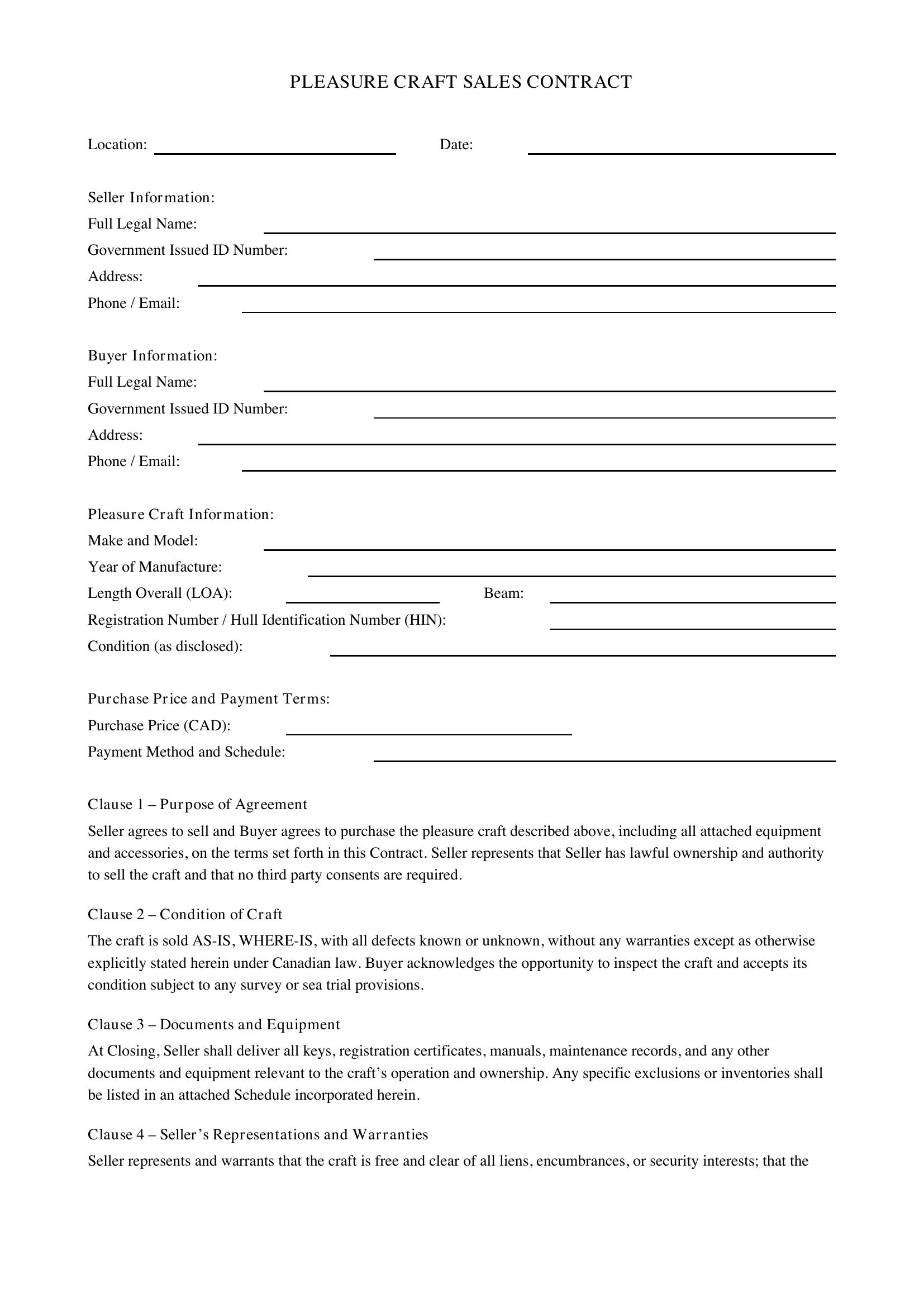 Pleasure Craft Sales Contract Template - Canada