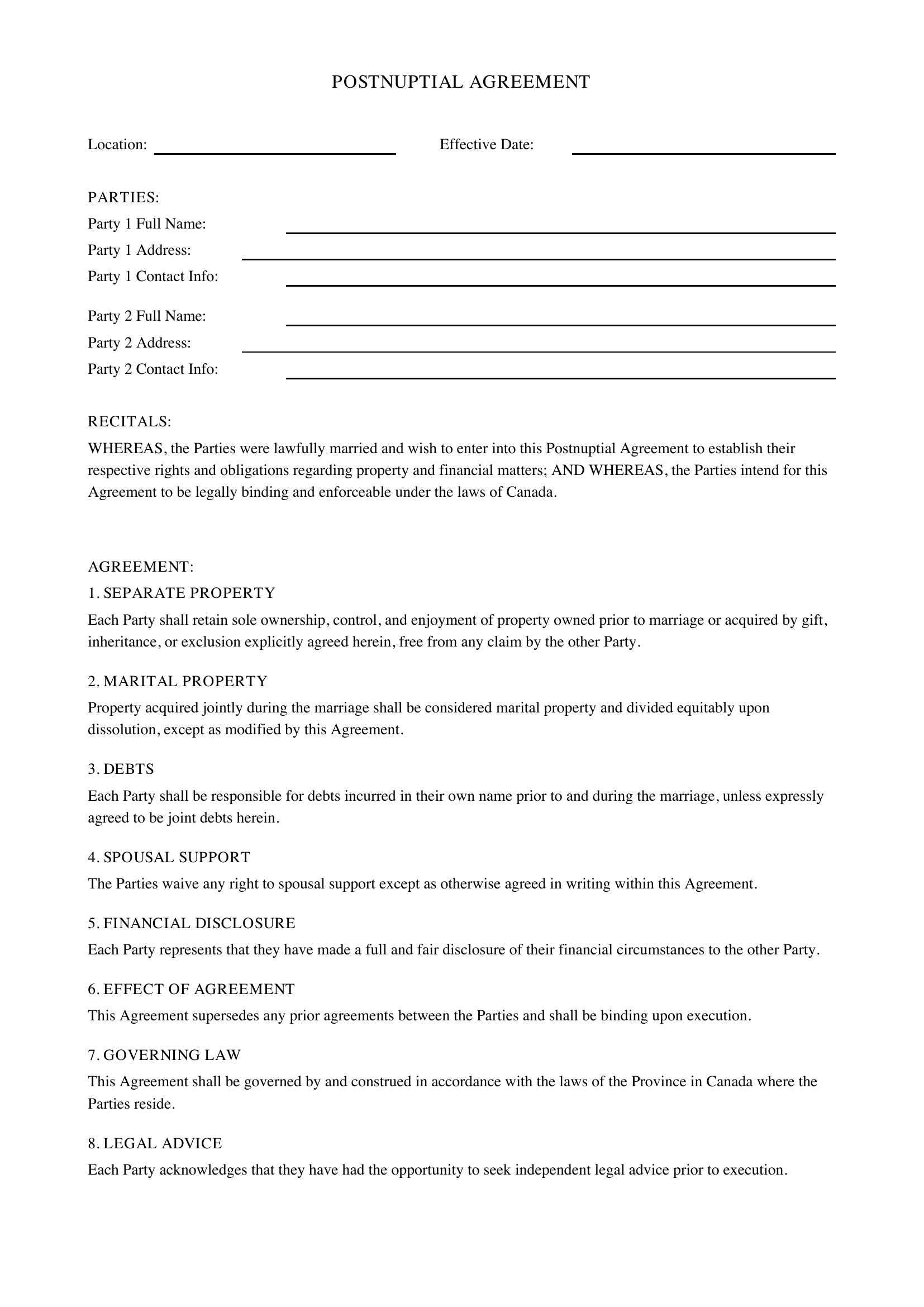 Post Nuptial Agreement Template - Canada